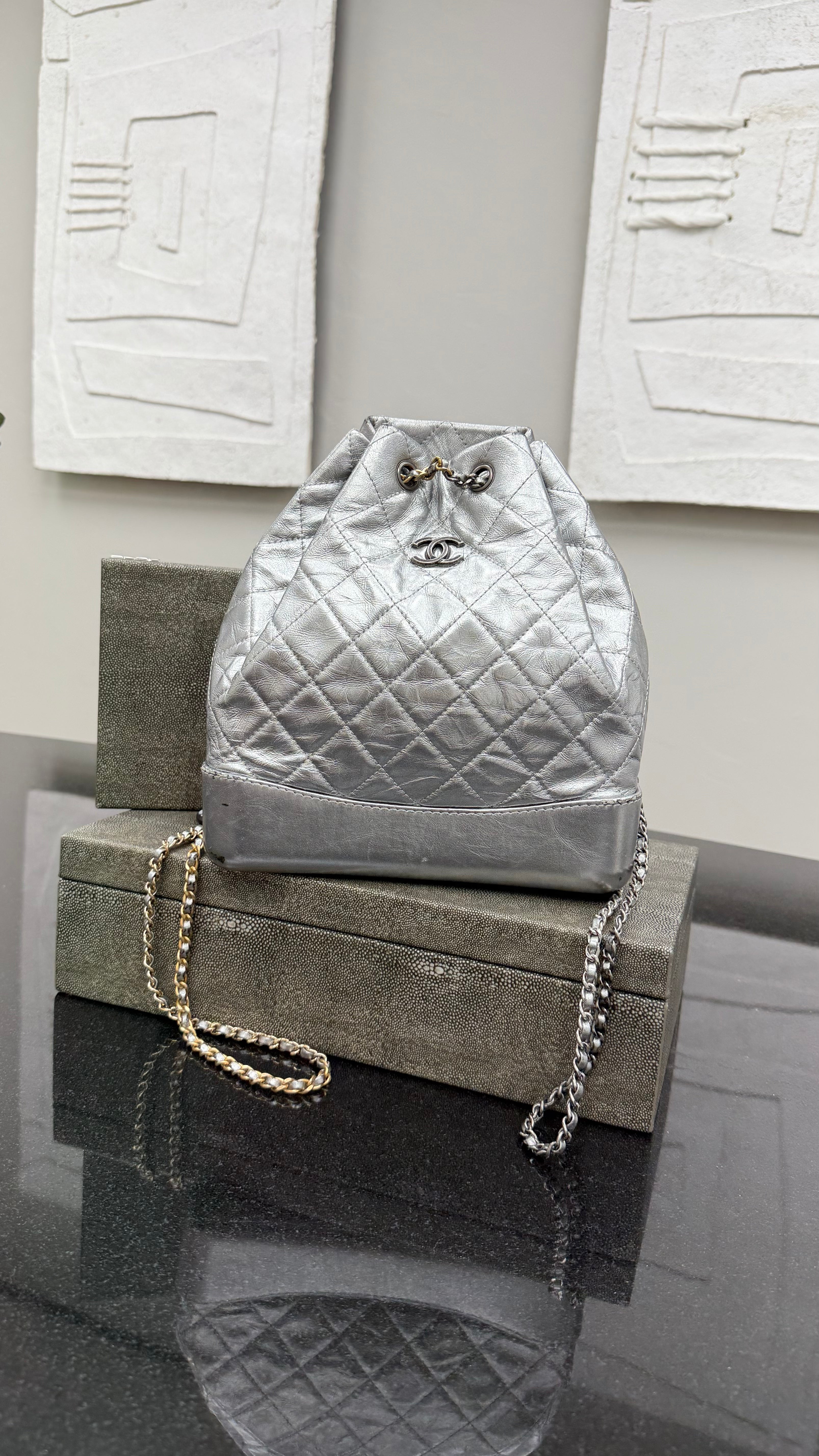 Chanel Silver Crumpled Calfskin Small Gabrielle Backpack