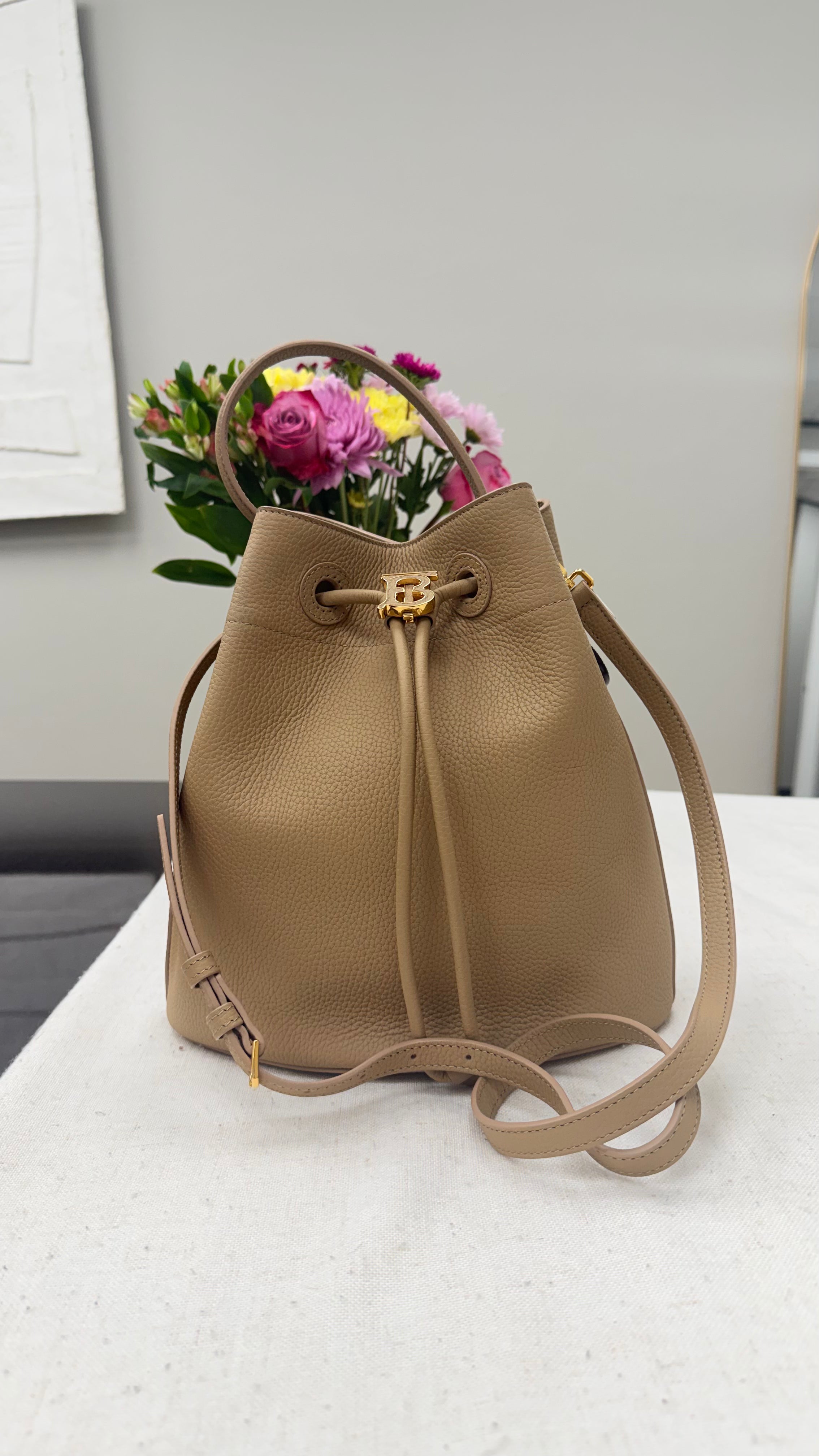 *DONS DROP* Burberry Beige Grained Calfskin Small TB Bucket Bag