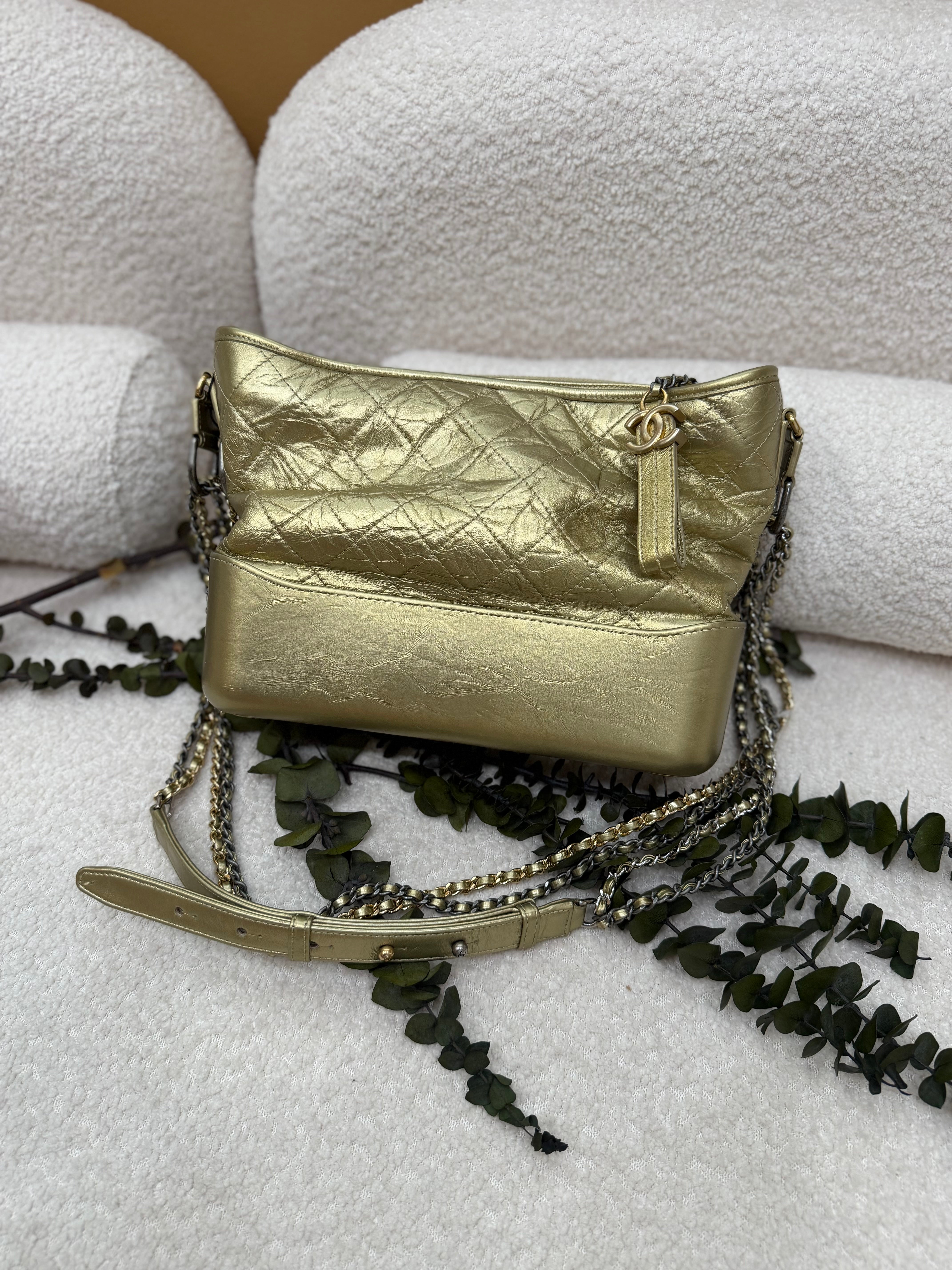 Chanel Metallic Gold Aged Quilted Calfskin Medium Gabrielle Hobo Bag