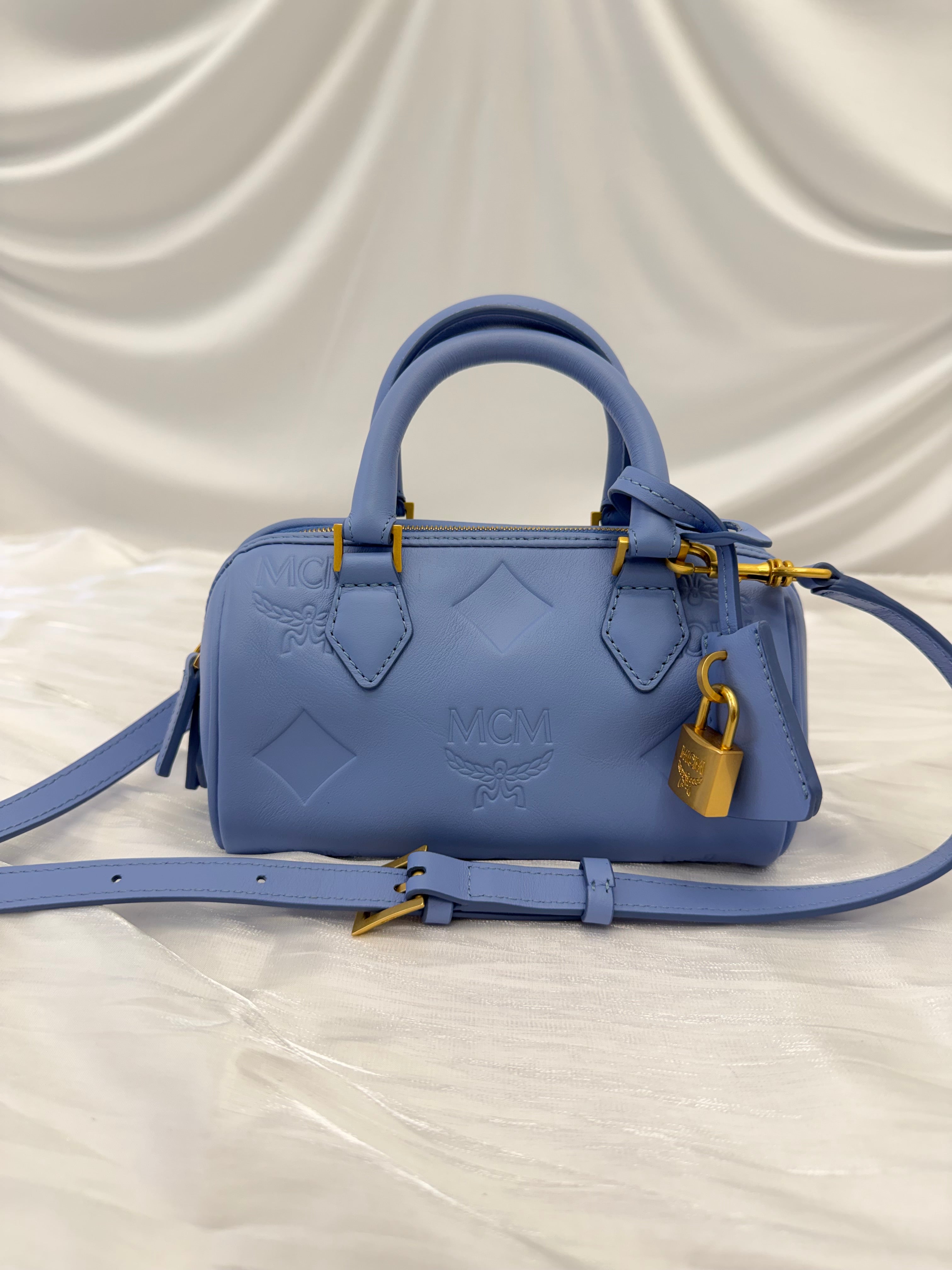BRAND NEW- MCM Sky Blue Leather Small Ella Boston Bag