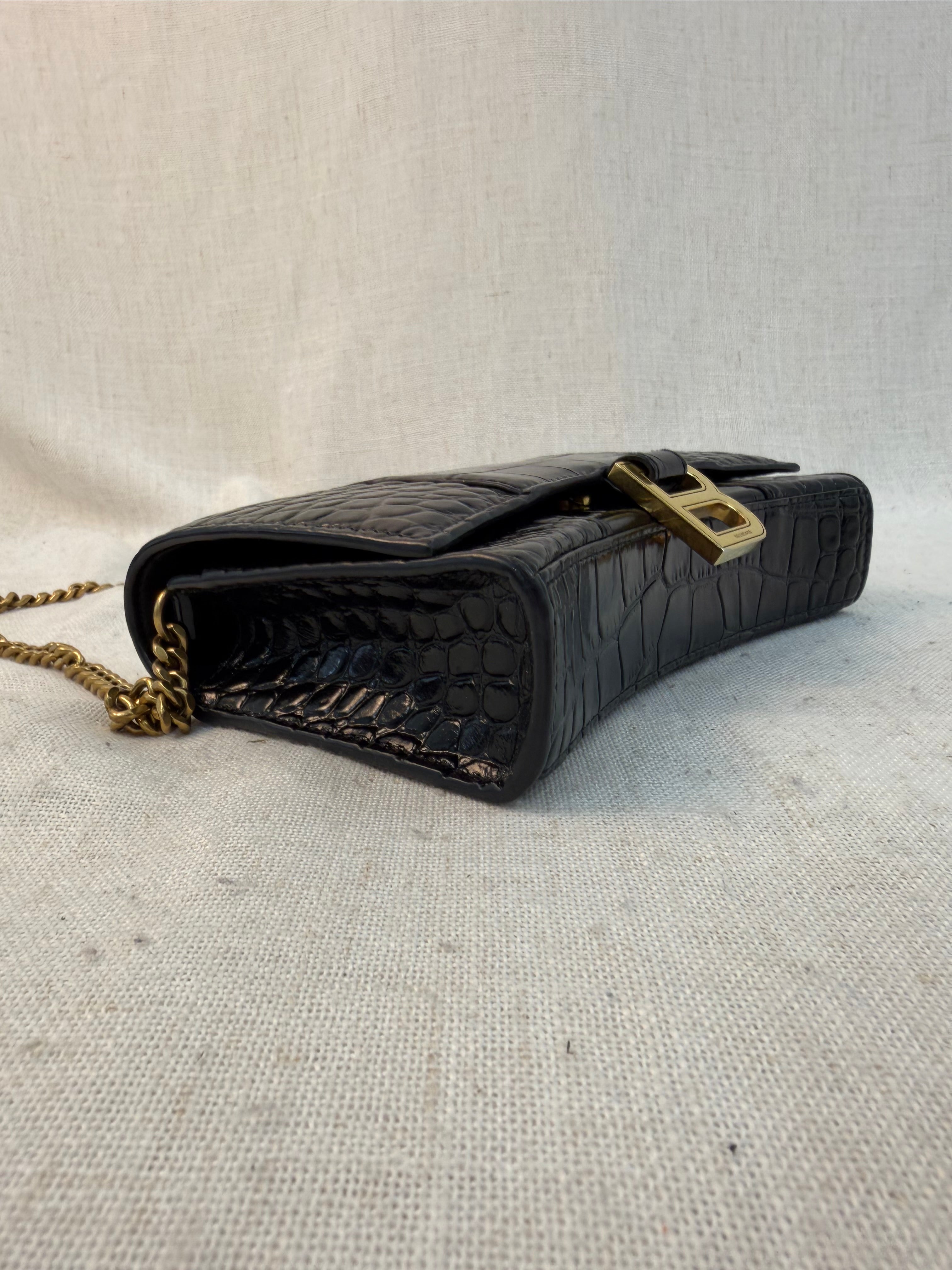 Balenciaga Black Croc Embossed Hourglass Wallet on Chain