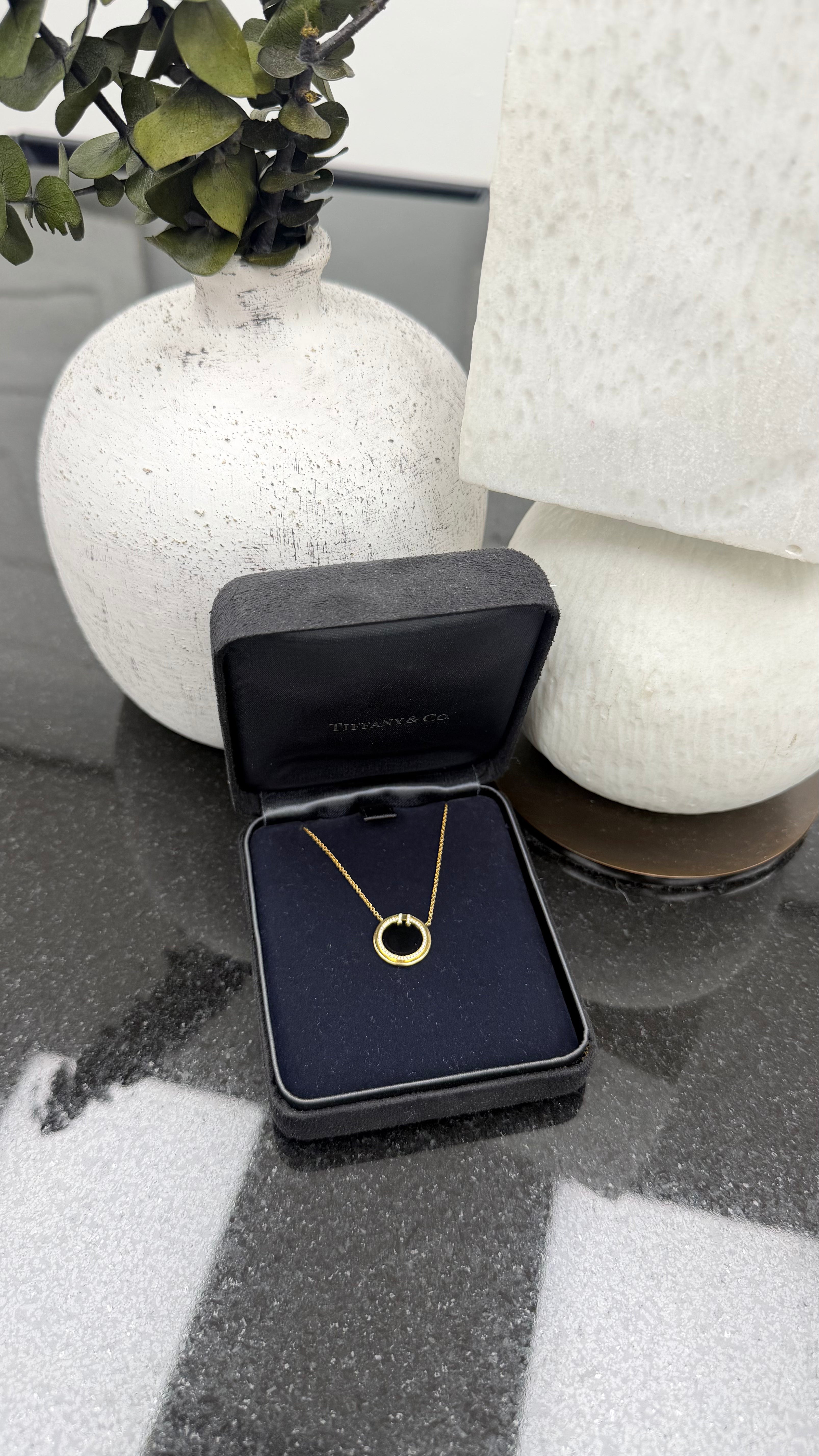 LIKE NEW - Tiffany & Co. Gold And Black Tiffany T Diamond Onyx Circle Pendant Necklace