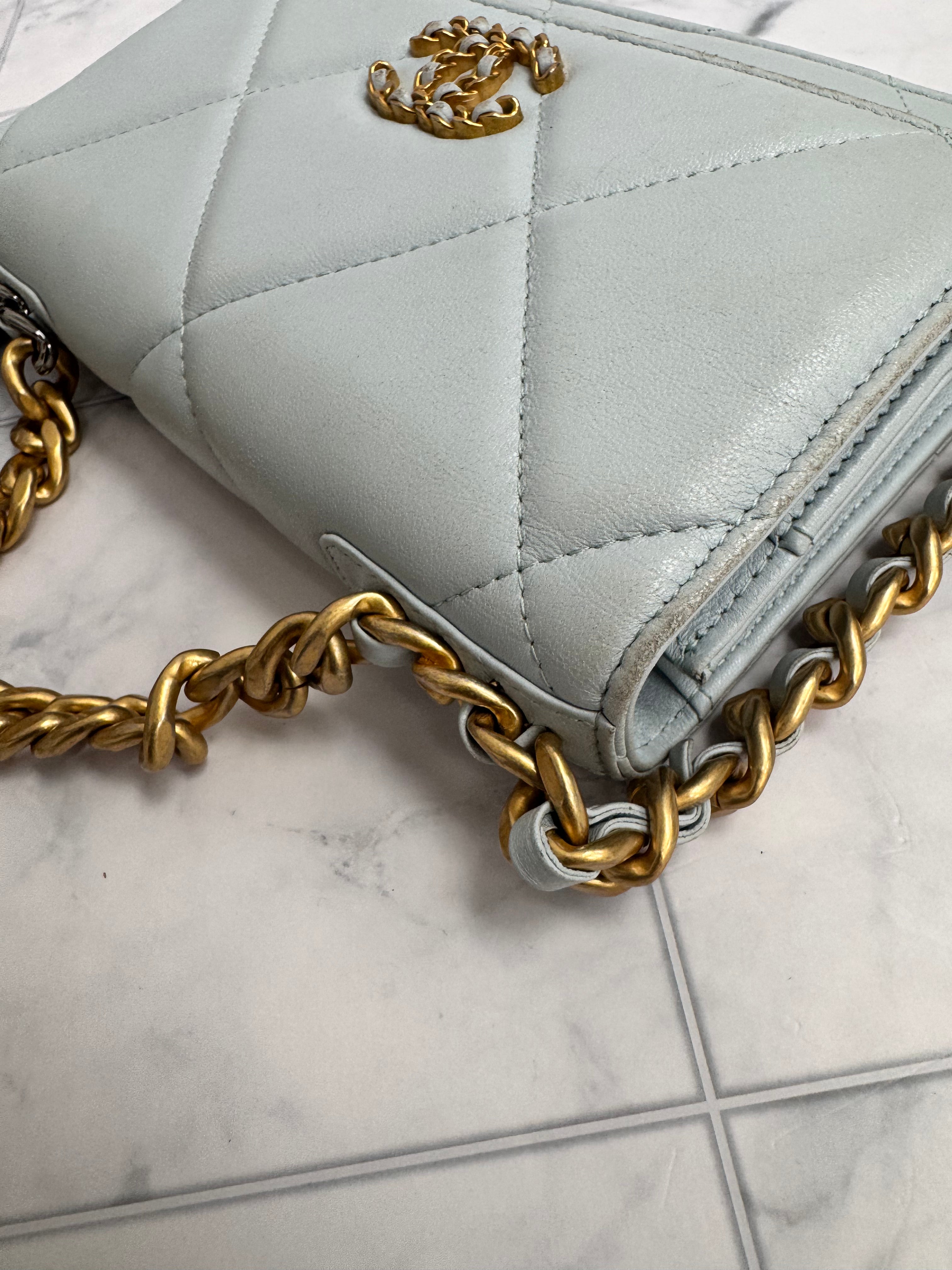 *DONS DROP* Chanel Light Blue Lambskin Quilted Leather Chanel 19 Wallet On A Chain