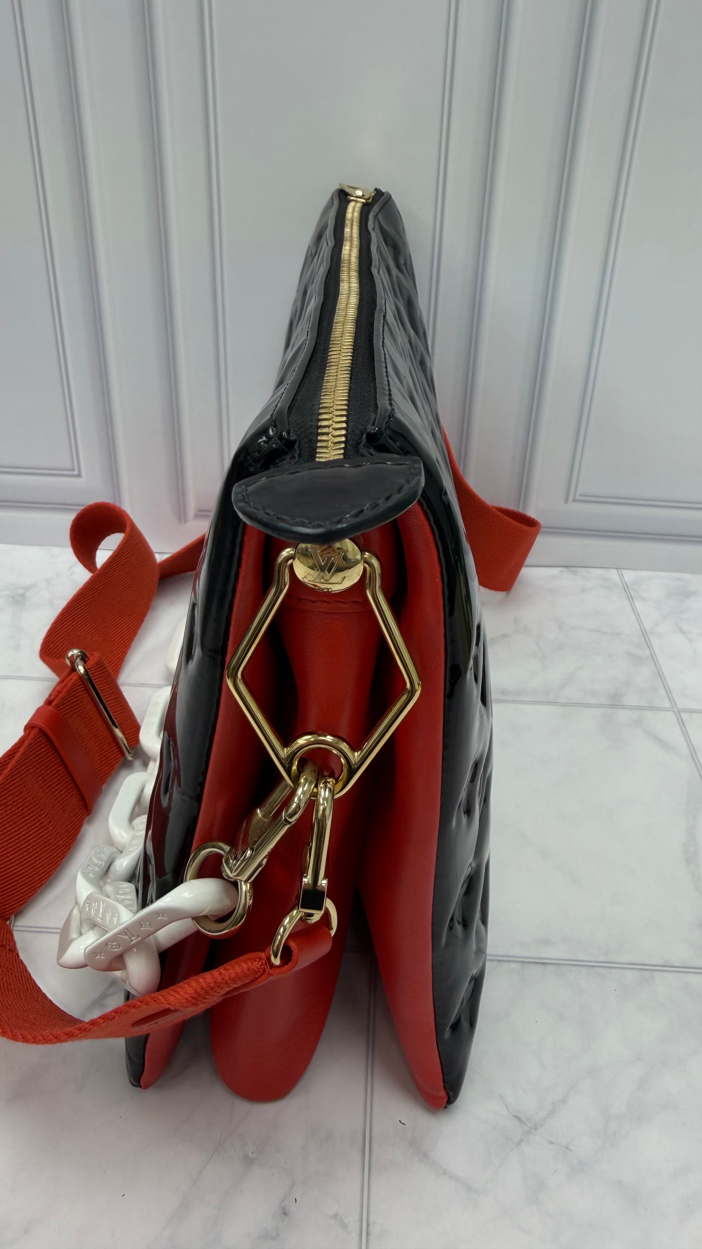 Louis Vuitton Black Patent Leather & Red Lambskin Coussin MM