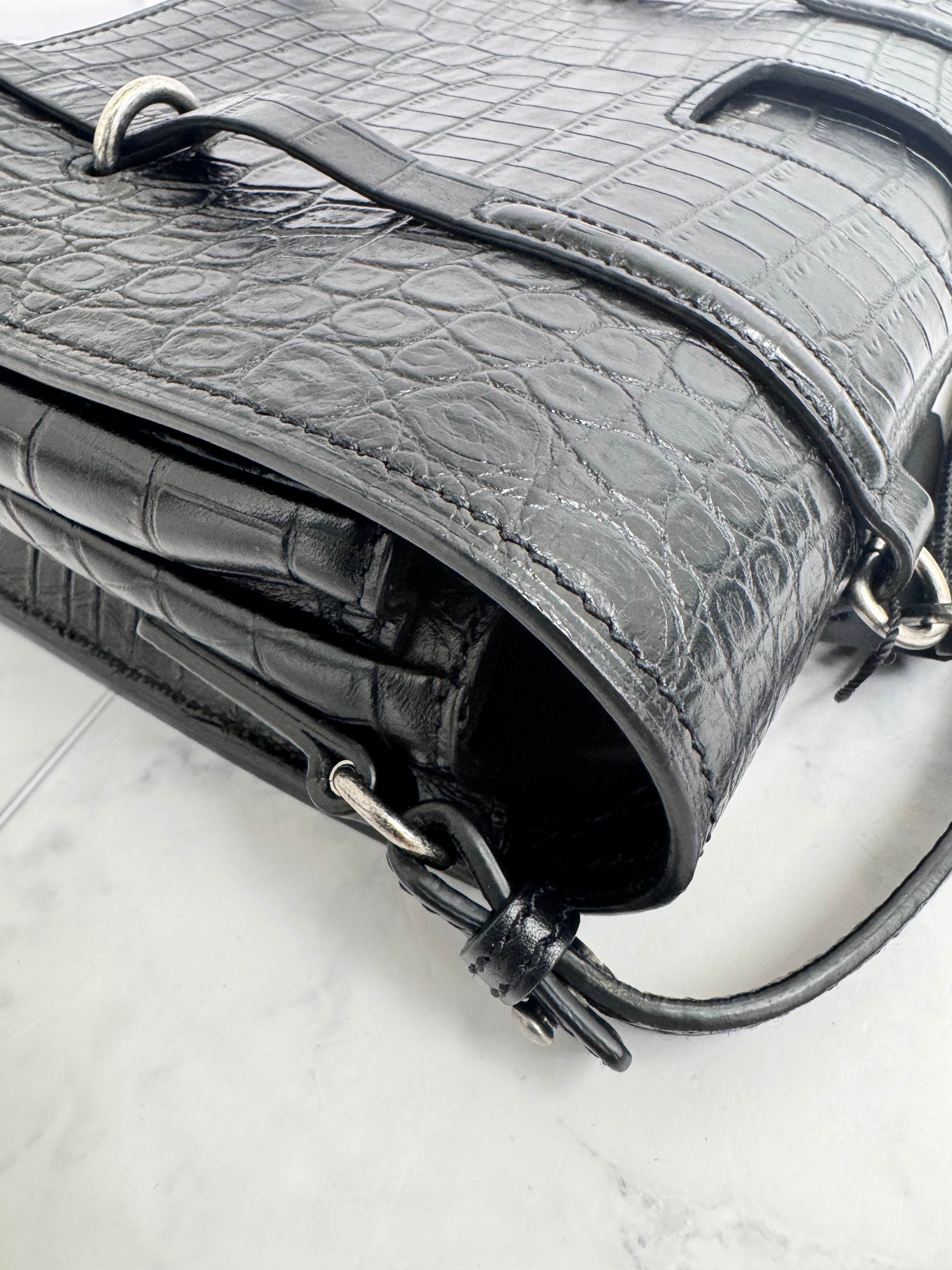 Saint Laurent YSL Black Croc Embossed Leather Charlotte Messenger Bag