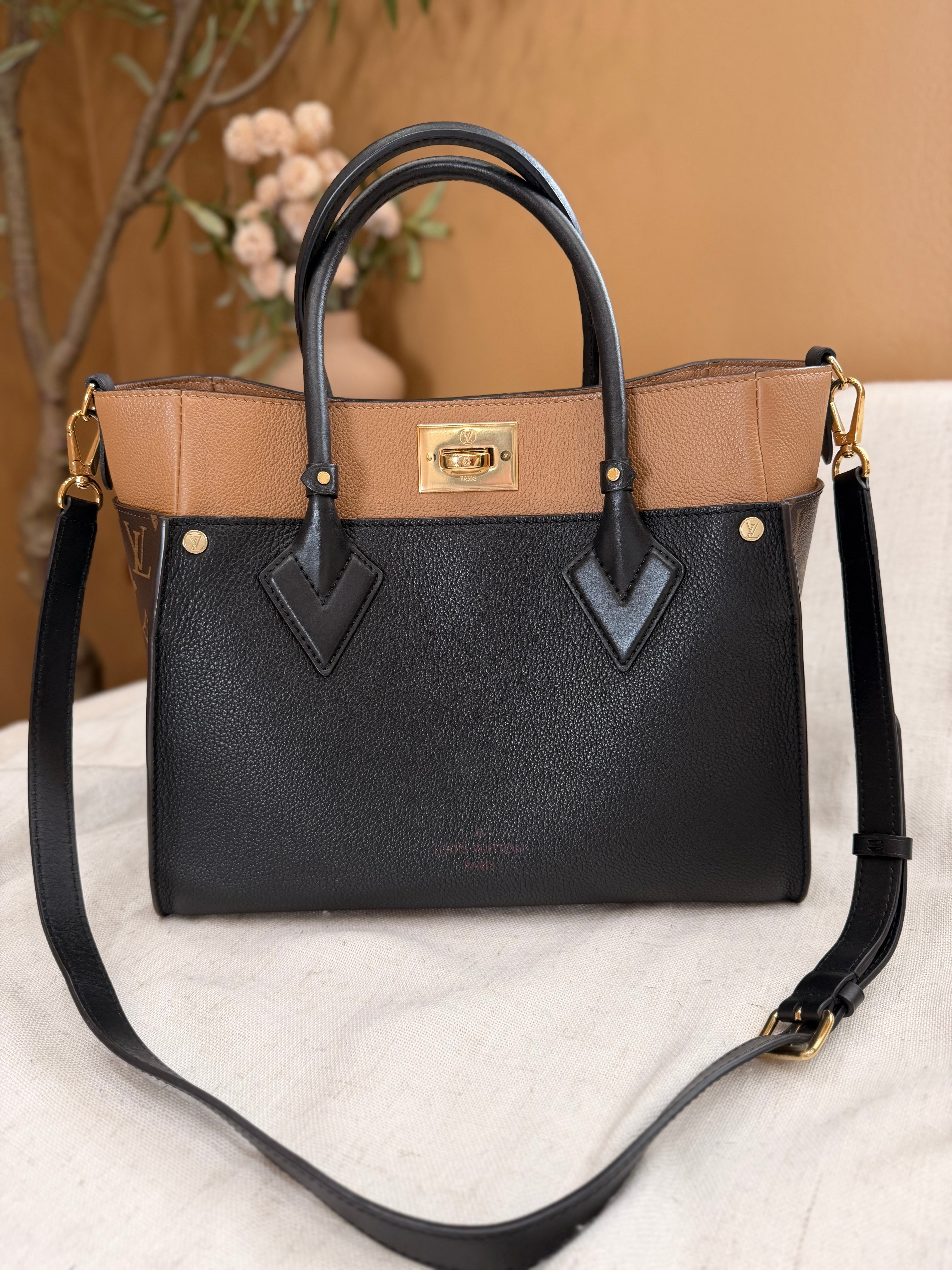 Louis Vuitton Monogram Black & Tan Leather On My Side MM Tote