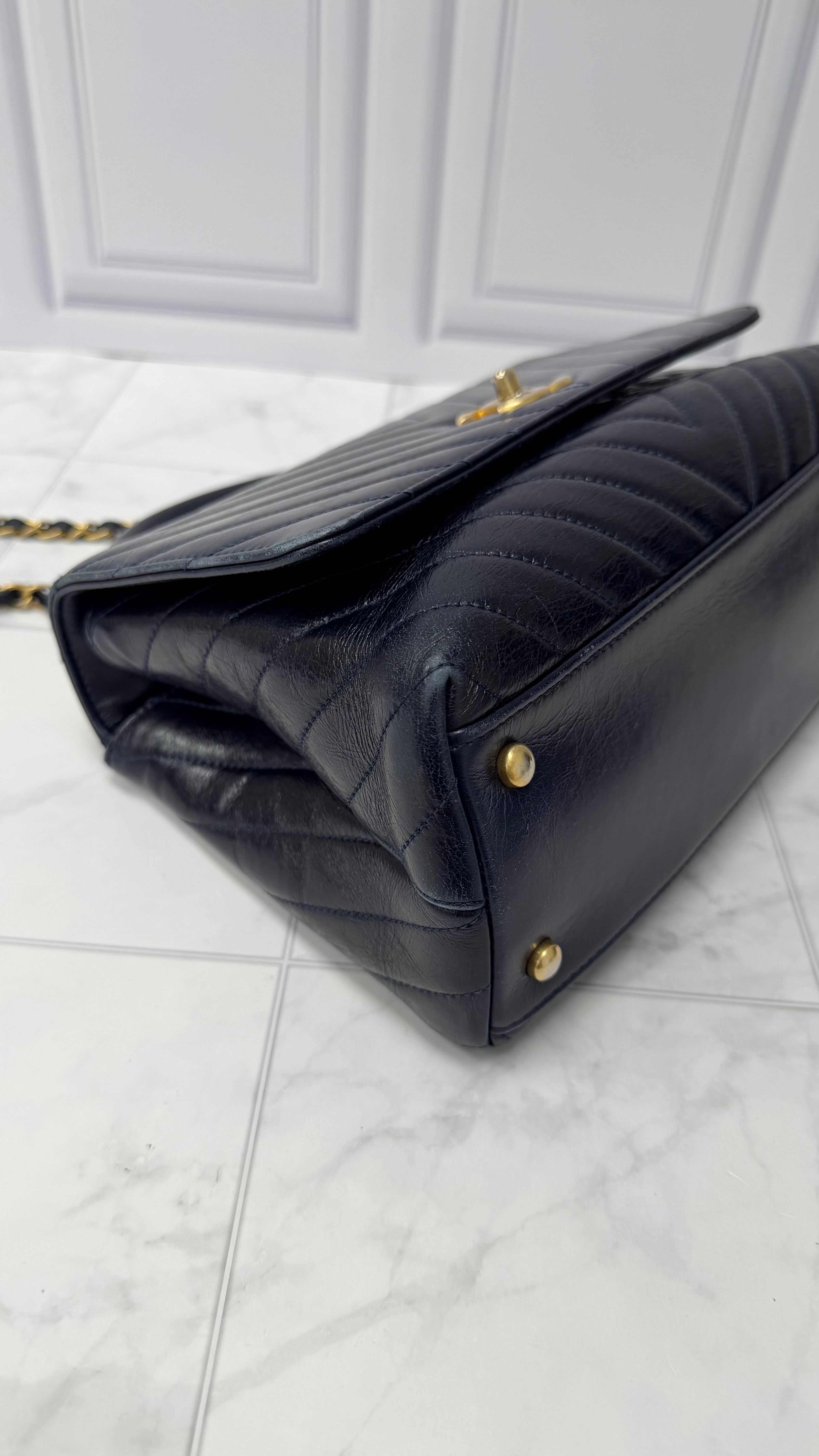 *DONS DROP* Chanel Blue Chevron Quilted Leather Coco Top Handle Bag