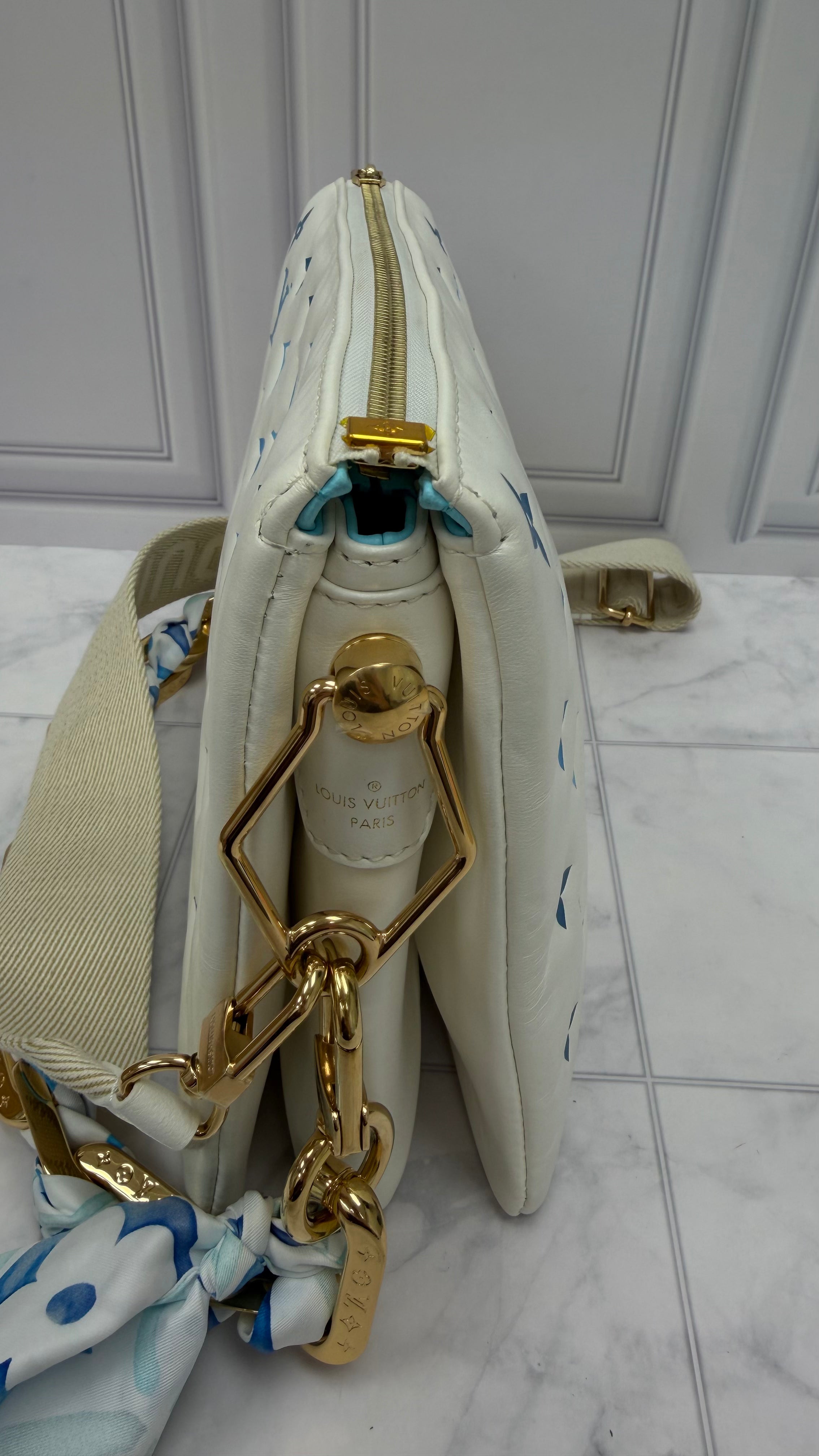 Louis Vuitton White & Blue Embossed Lambskin Leather By The Pool Coussin PM