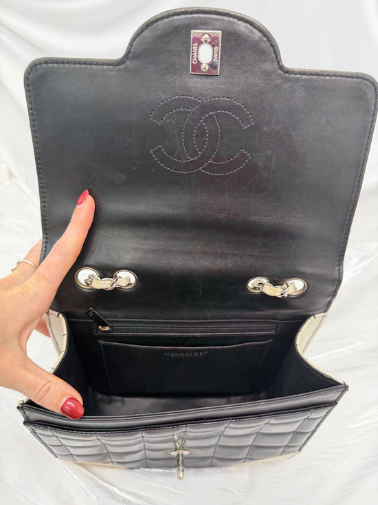 Chanel White & Black Patent Leather Chocolate Bar Square Bag