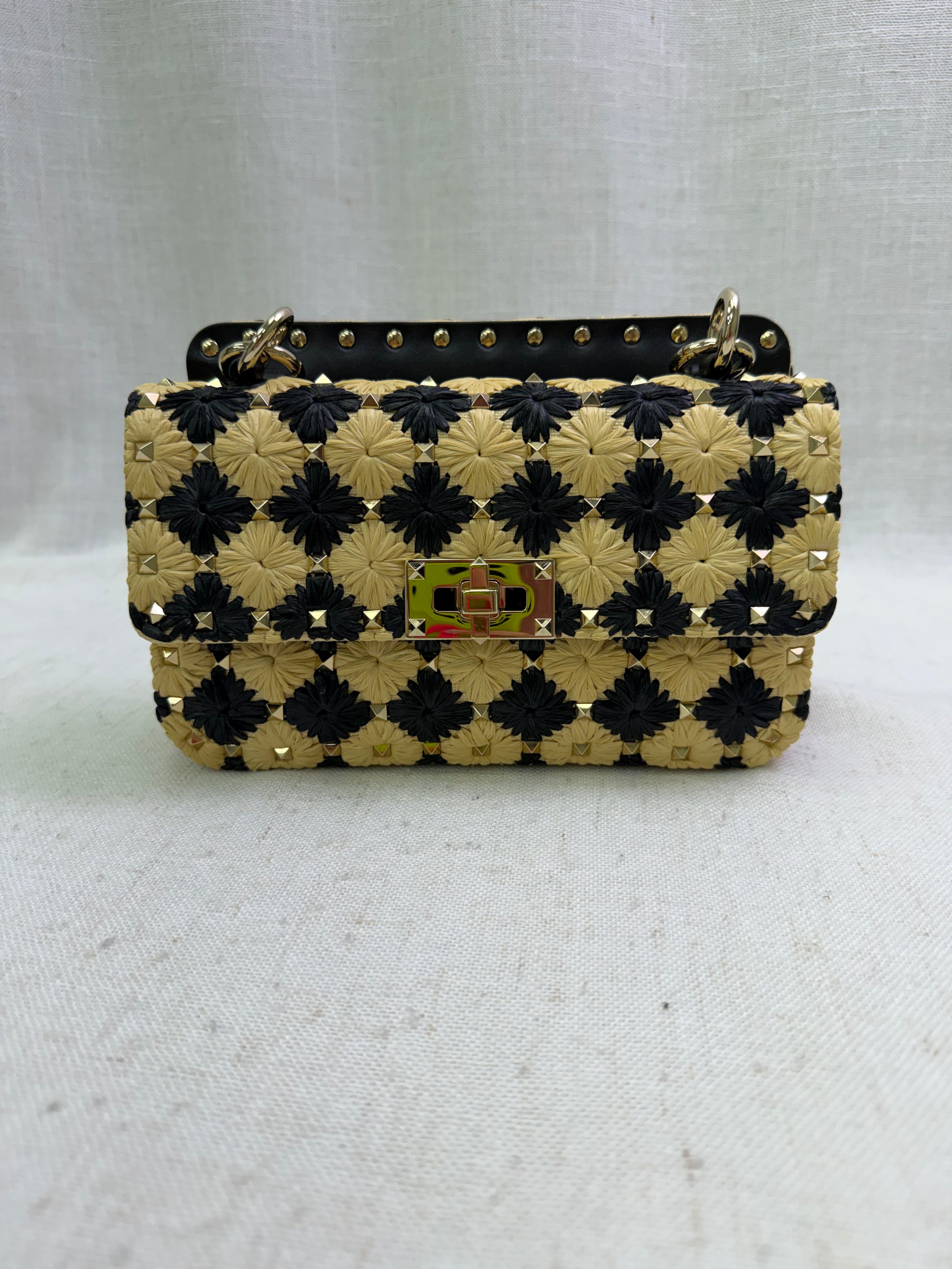 LIKE NEW Valentino Natural & Black Raffia Embroidered Rockstud Bag