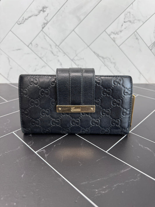 Gucci Black Guccisma Leather Long Wallet