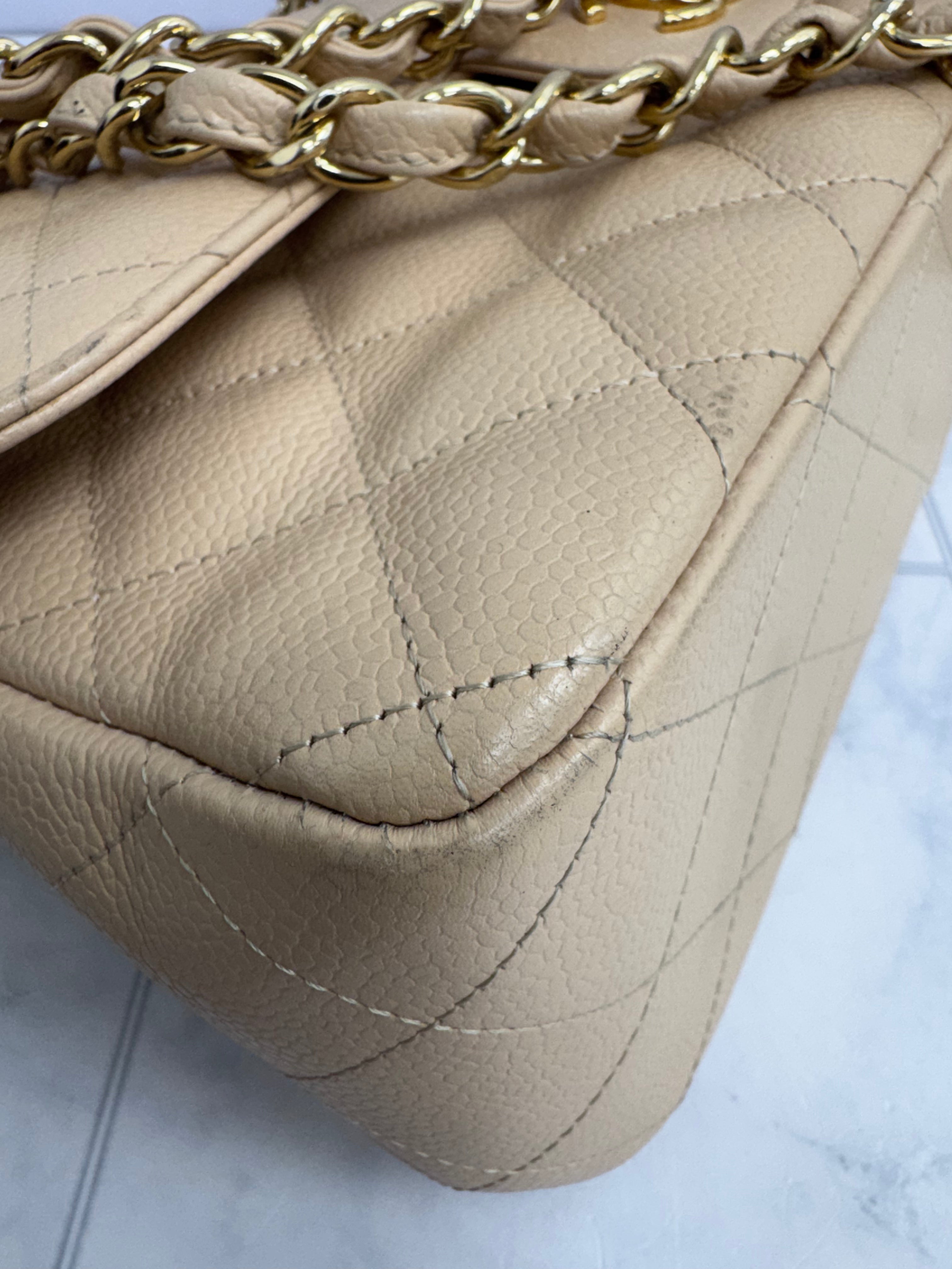 Chanel Beige Quilted Caviar Leather Jumbo Double Flap Bag