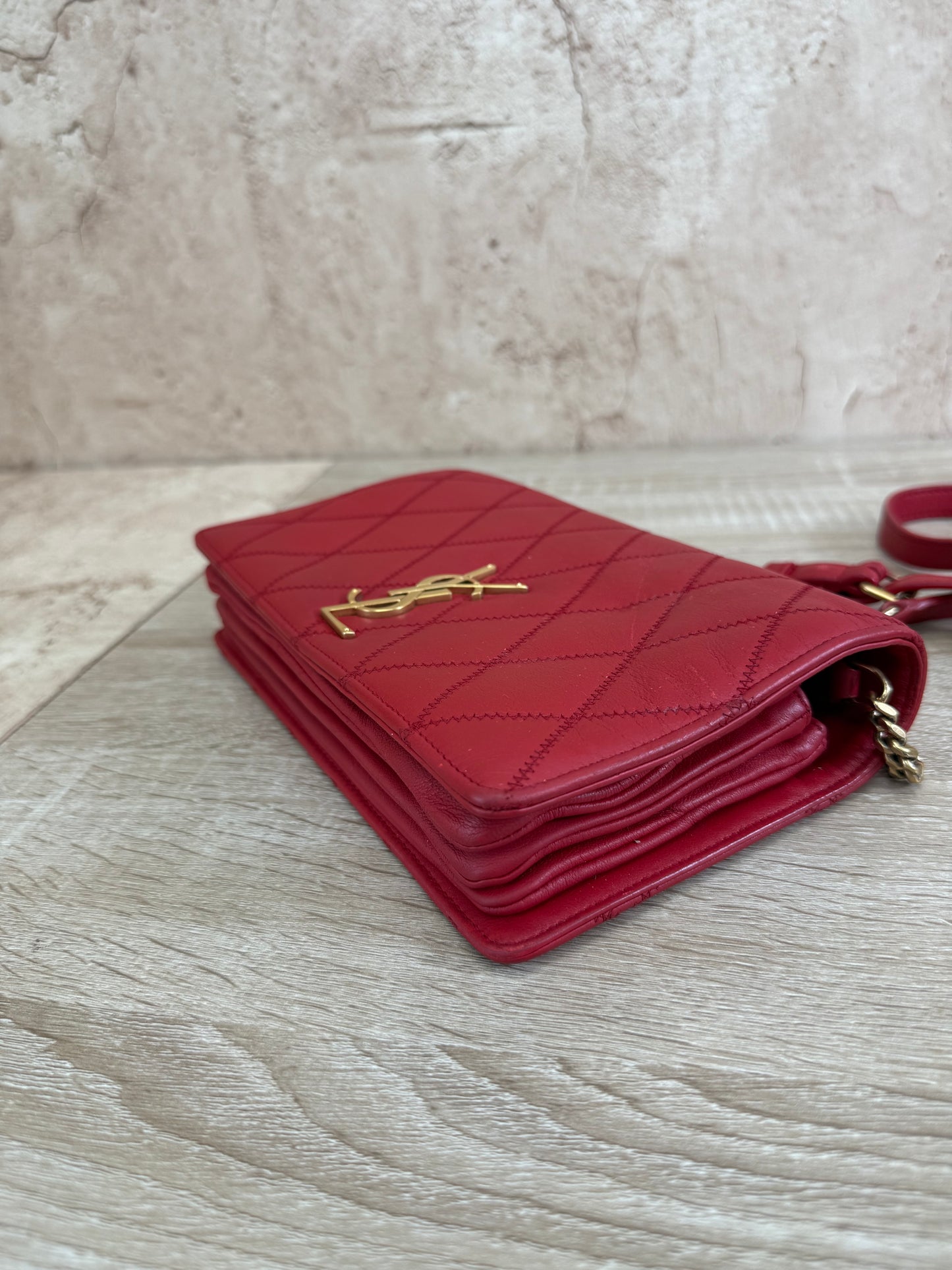 Saint Laurent YSL Red Quilted Leather Angie Chain Crossbody Bag