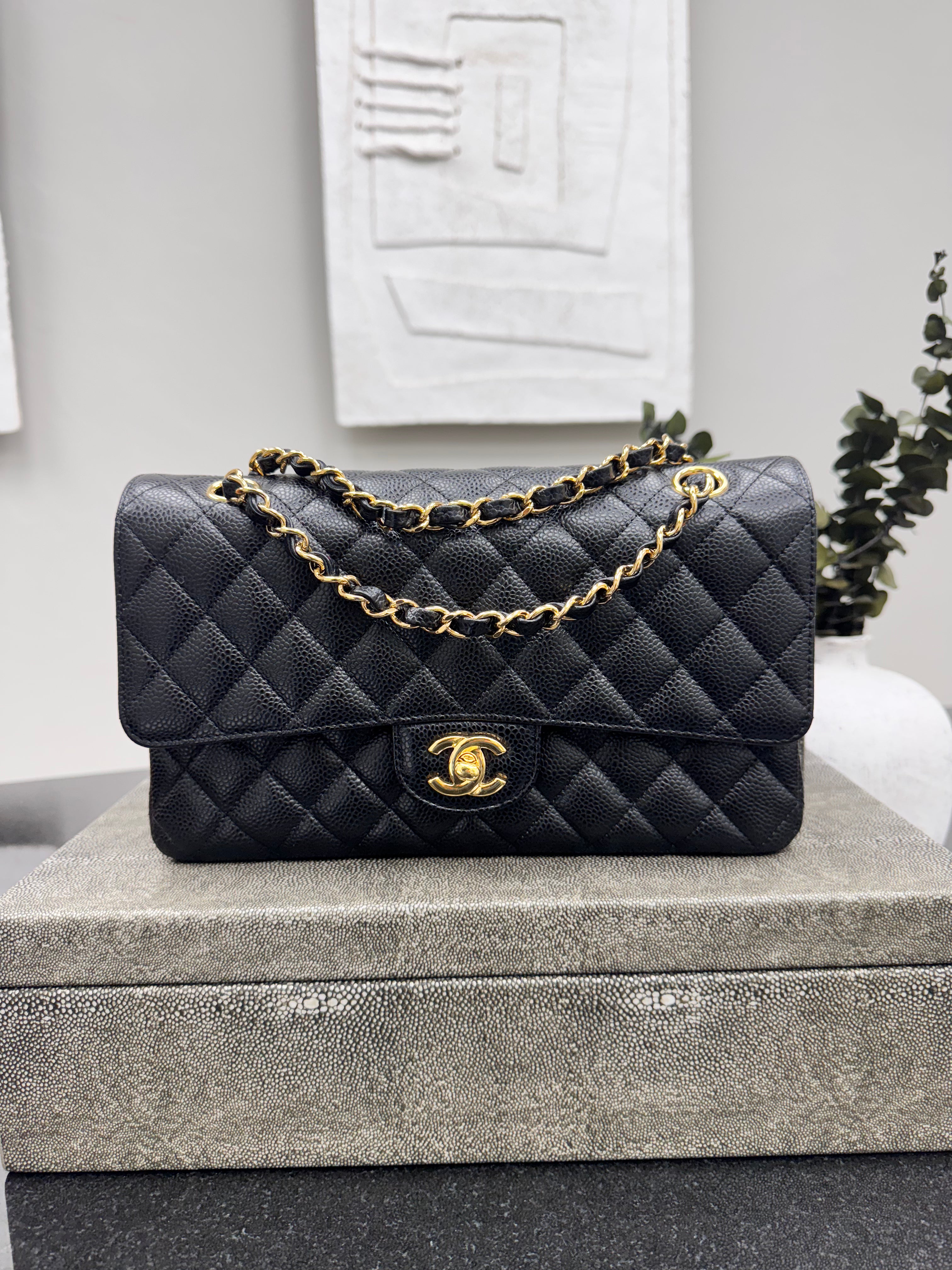 LIKE NEW - Chanel Black Quilted Caviar Leather Medium Classic Double Flap Bag