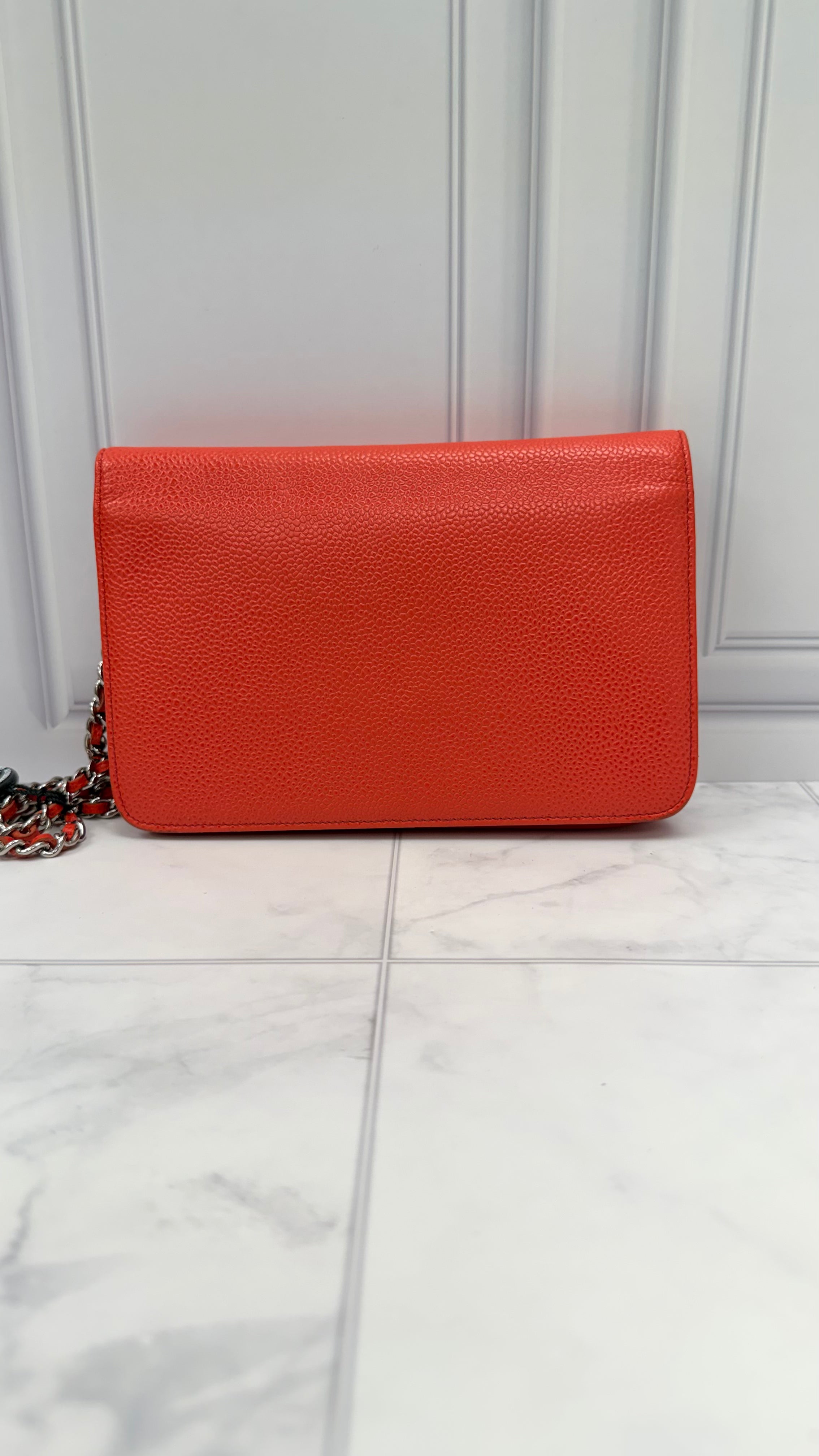 *DONS DROP* Chanel Orange & Red Caviar Leather Timeless Wallet on a Chain