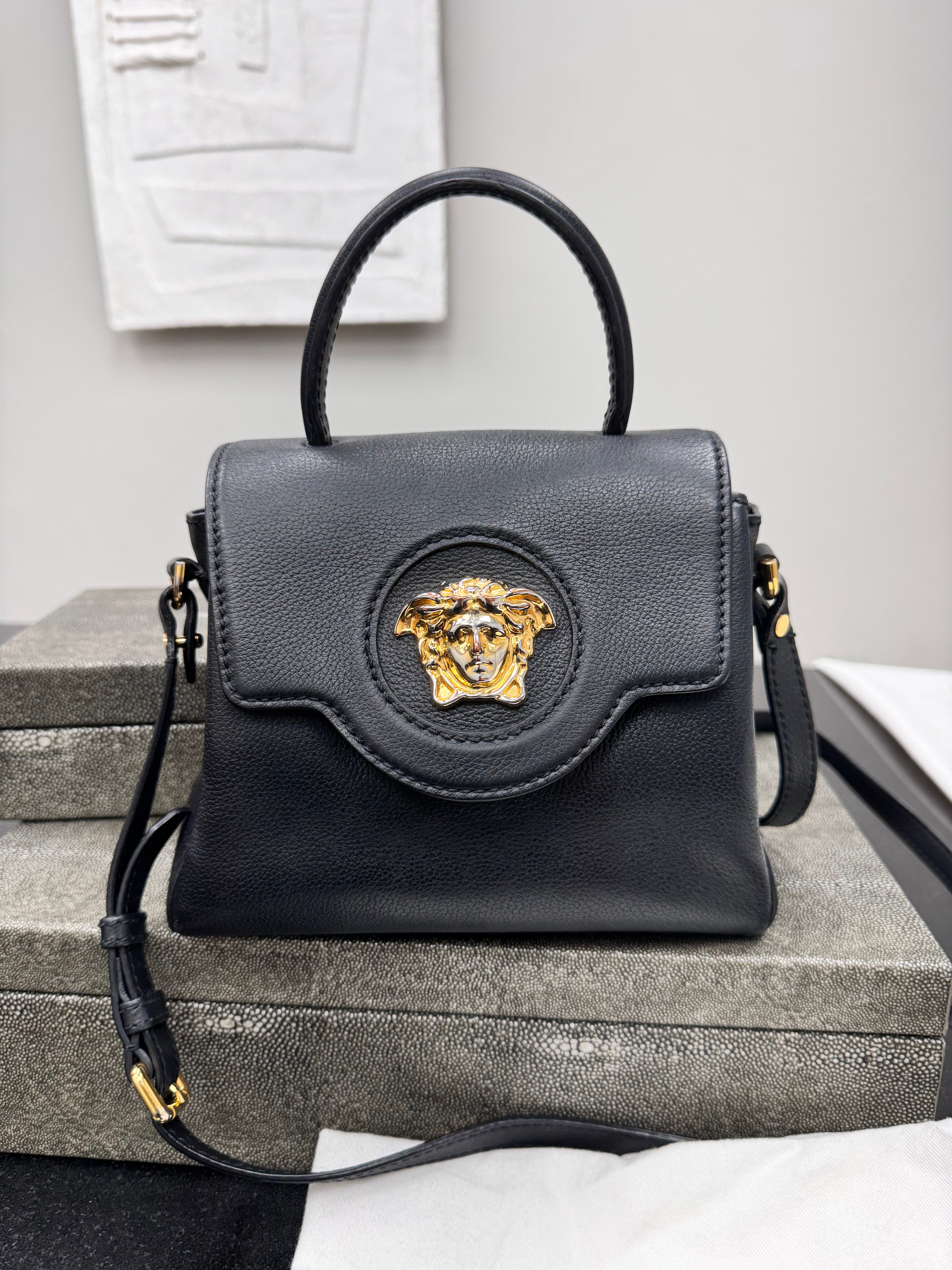 *DONS DROP* Versace Black Calfskin Leather Small La Medusa Top Handle Bag