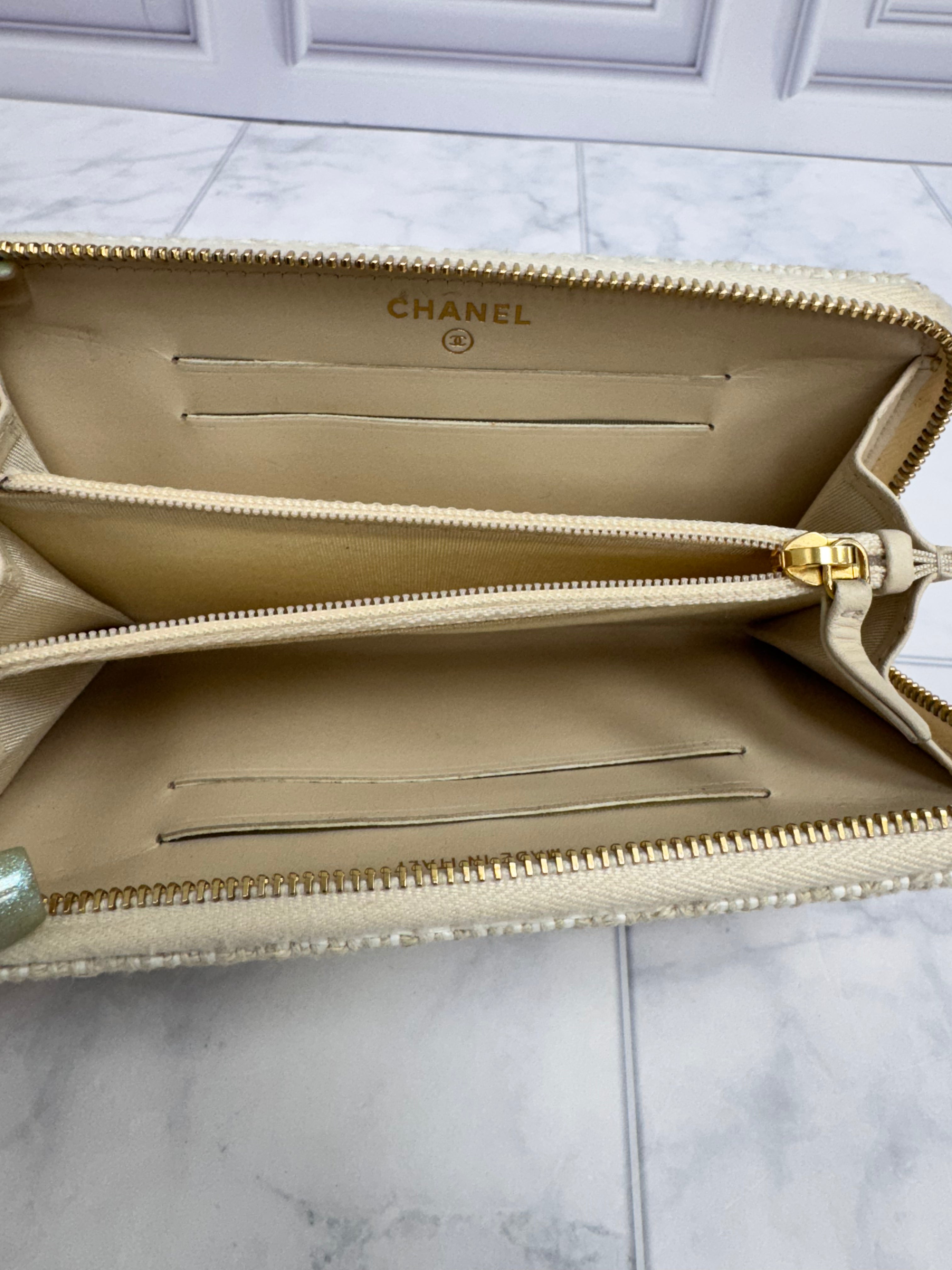 Chanel Beige Tweed Deauville Compact Zippy Wallet