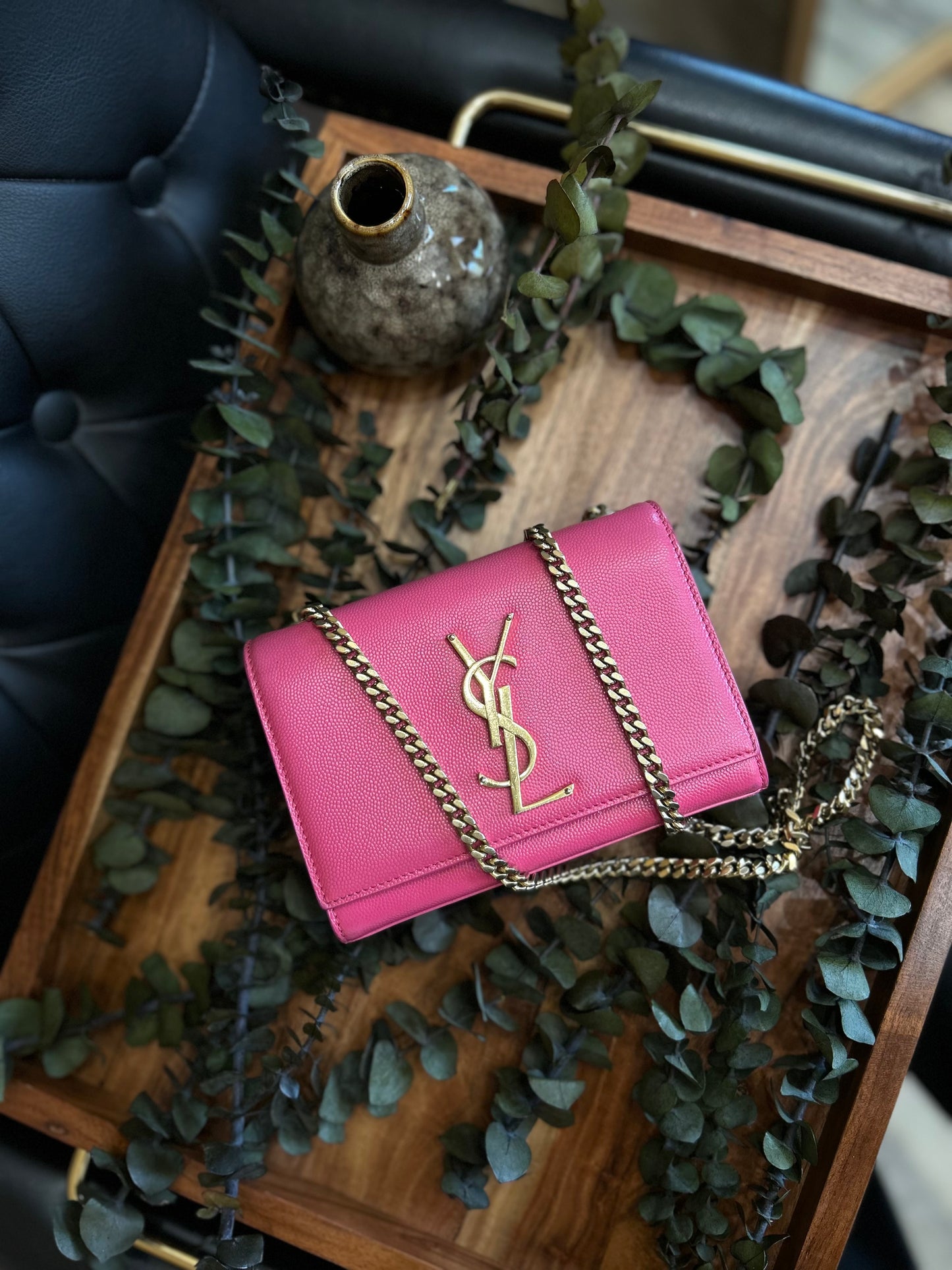 Saint Laurent YSL Hot Pink Pebbled Leather Kate Crossbody Bag