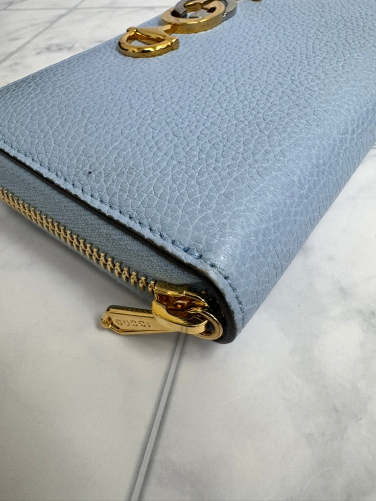 Gucci Blue Grained Leather Zumi Long Zippy Wallet