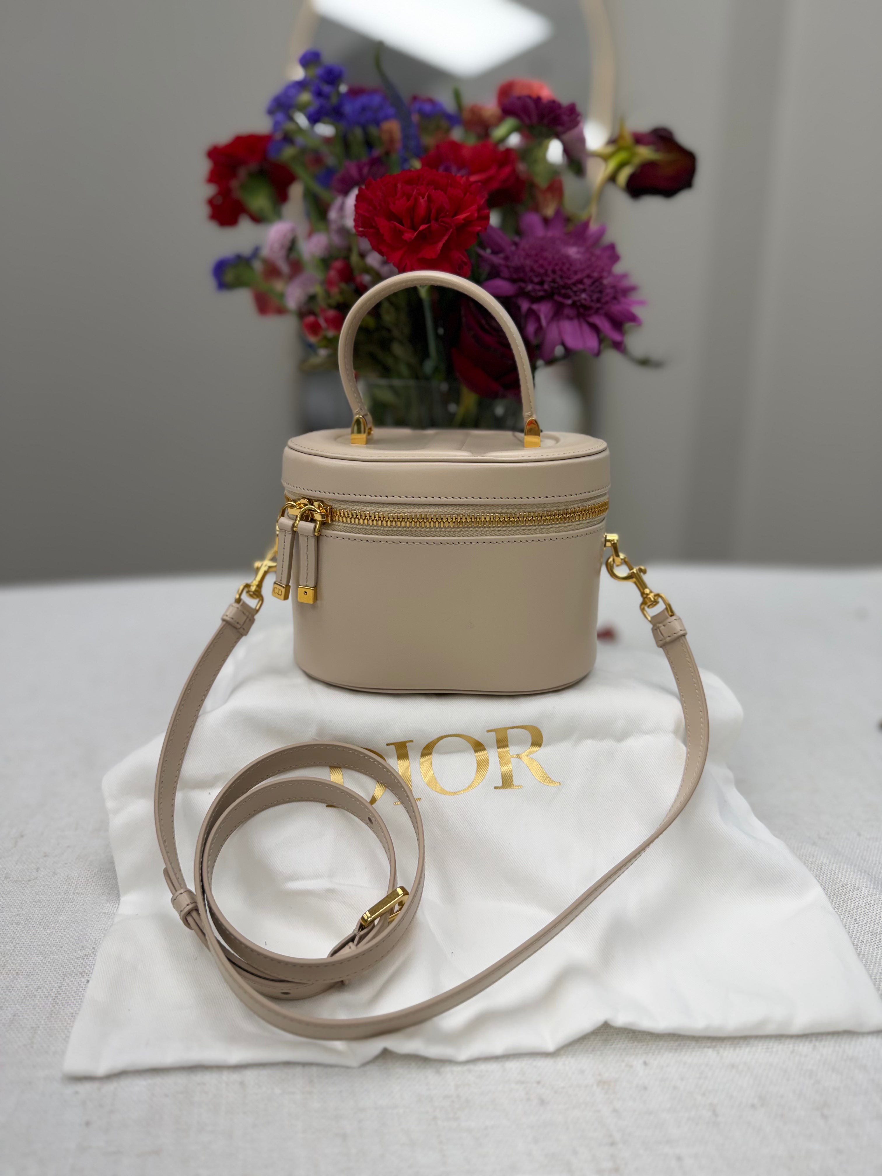 LIKE NEW - Christian Dior Beige Calfskin CD Vanity Top Handle Bag
