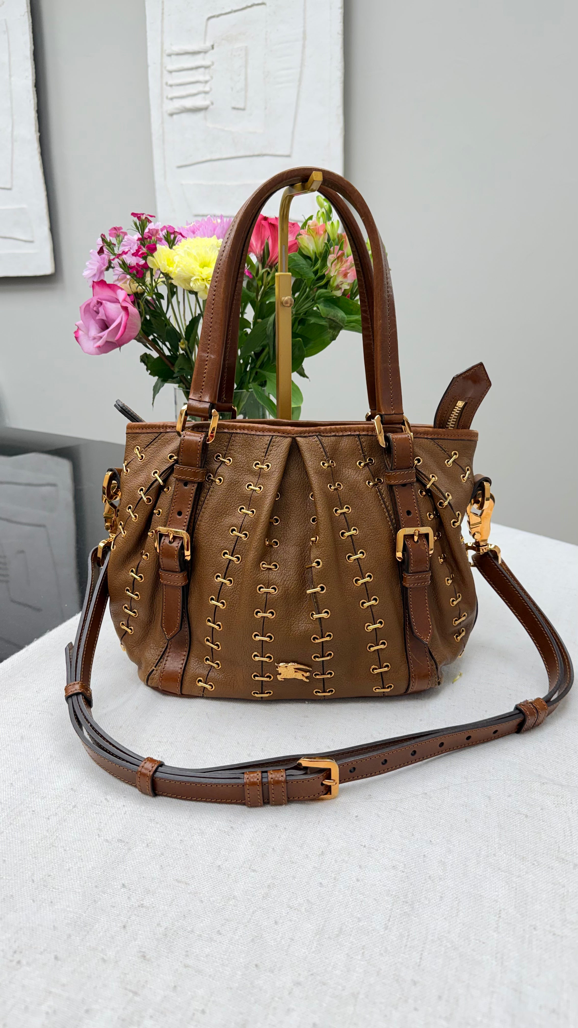 *DONS DROP* Burberry Vintage Brown Leather Metal Stitch Lowry Shoulder Bag