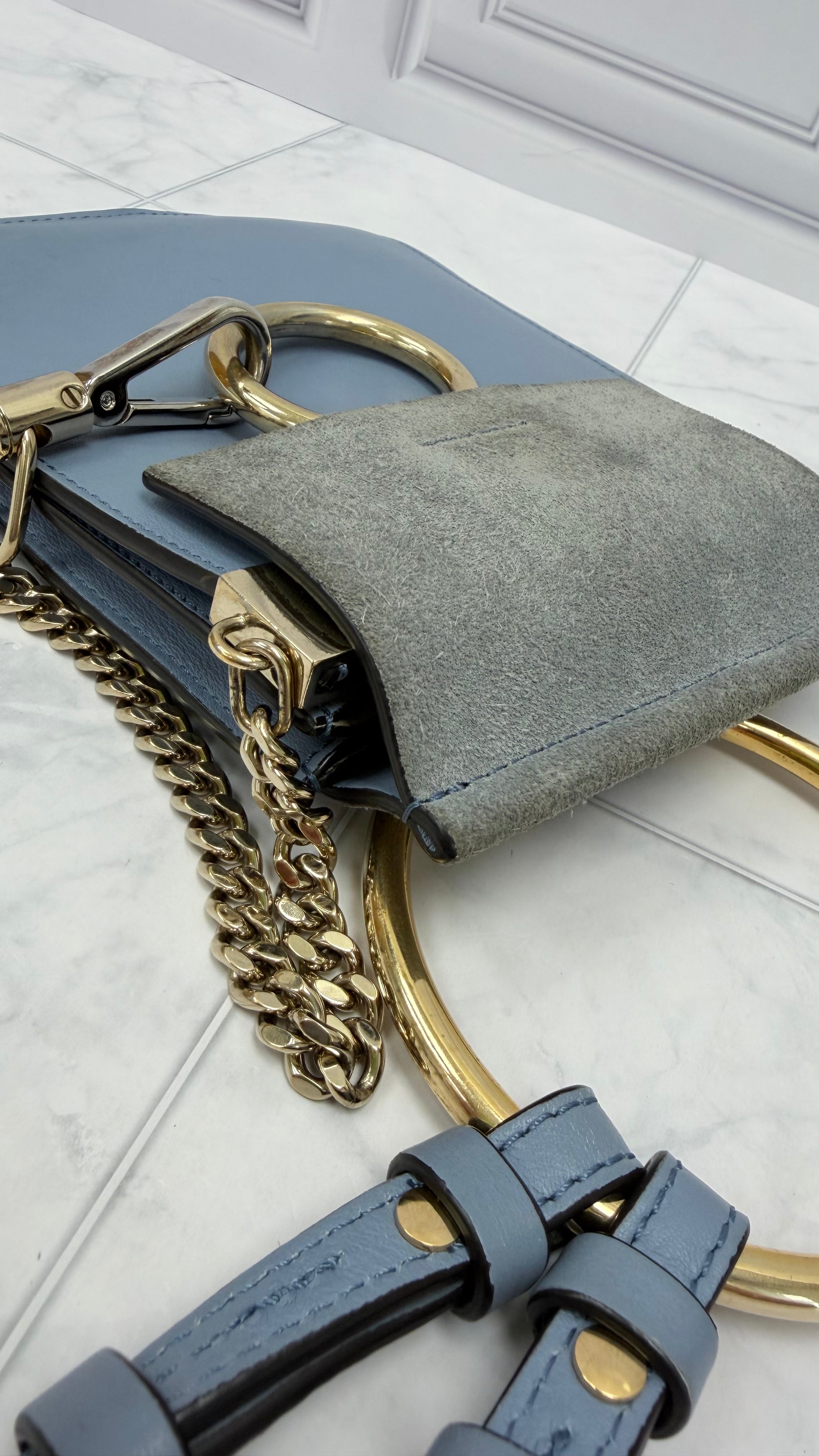 Chloe Dusty Blue Leather & Suede Mini Faye Crossbody