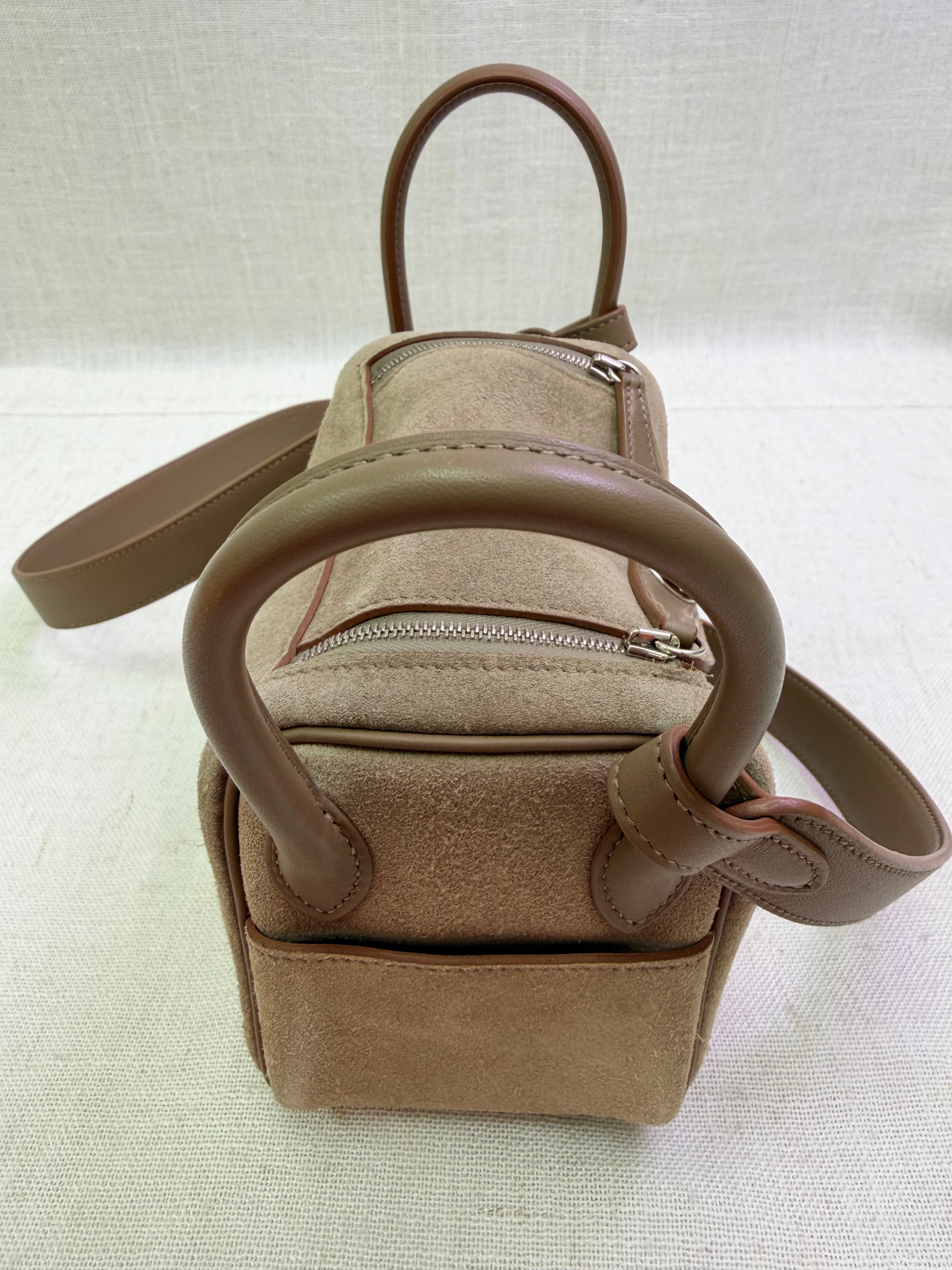 Hermes Gris Caillou Suede & Etoupe Swift Leather Mini Lindy 20 Bag