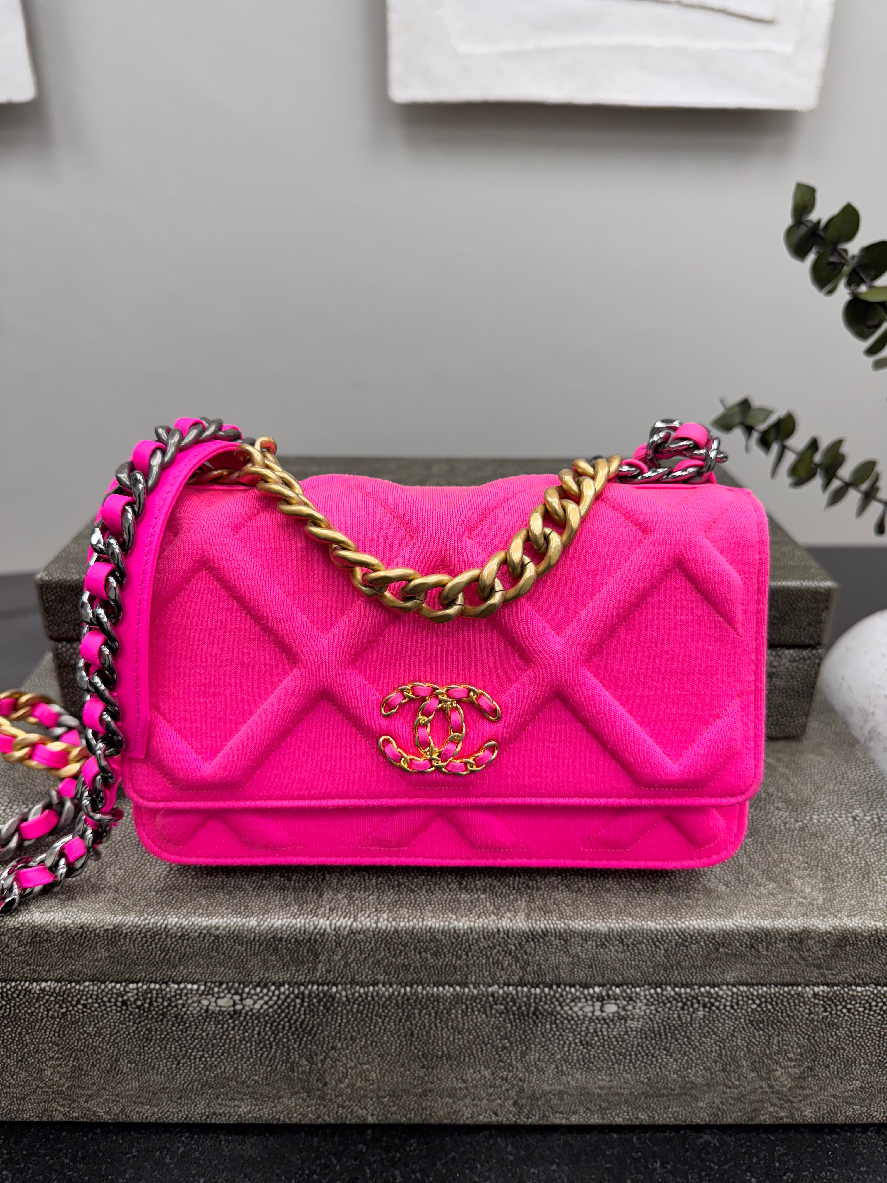 LIKE NEW - Chanel Neon Pink Quilted Jersey Chanel 19 Wallet On A Chain