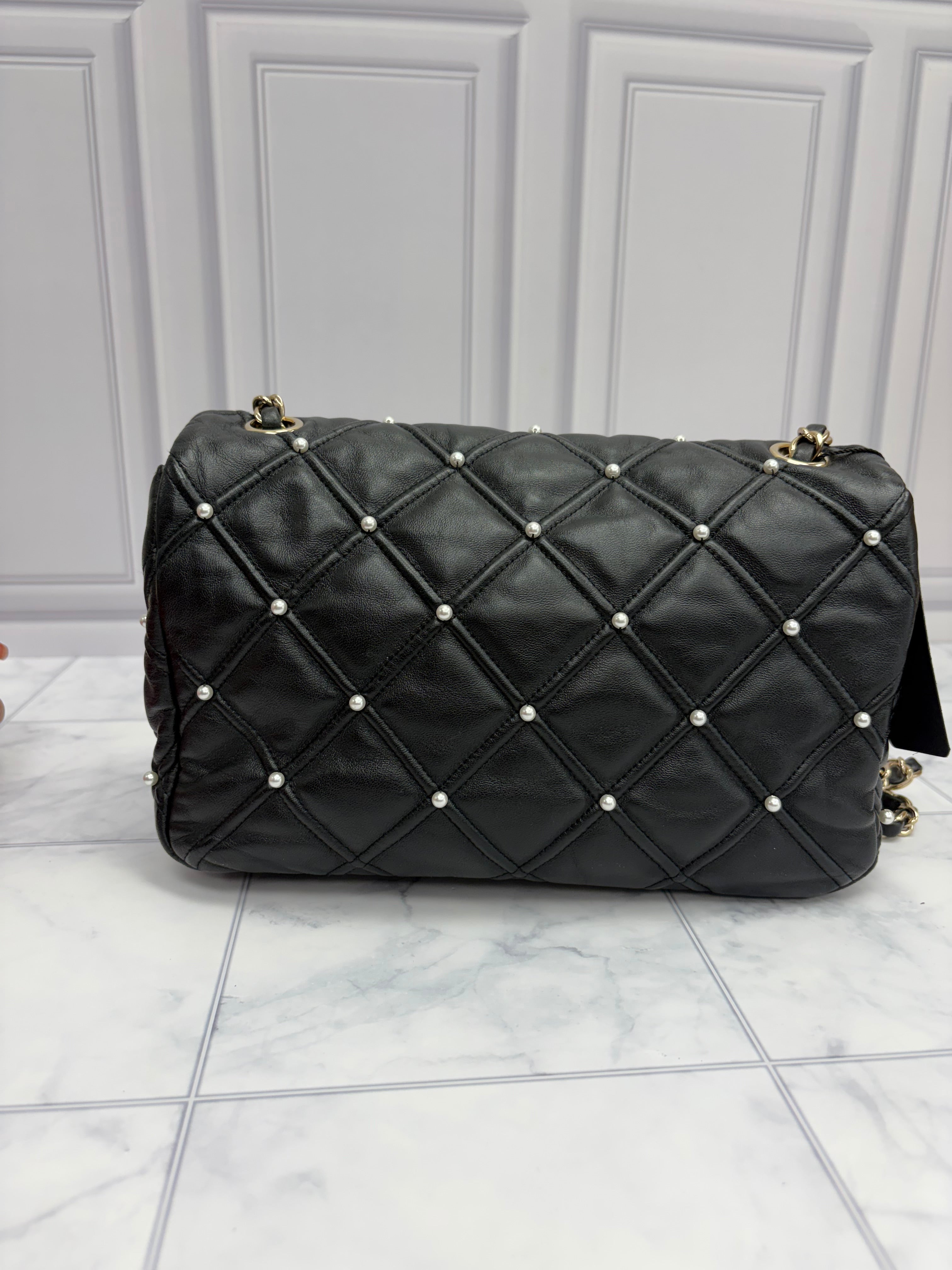 Chanel Black Quilted Lambskin Pearl Studded Flap Bag