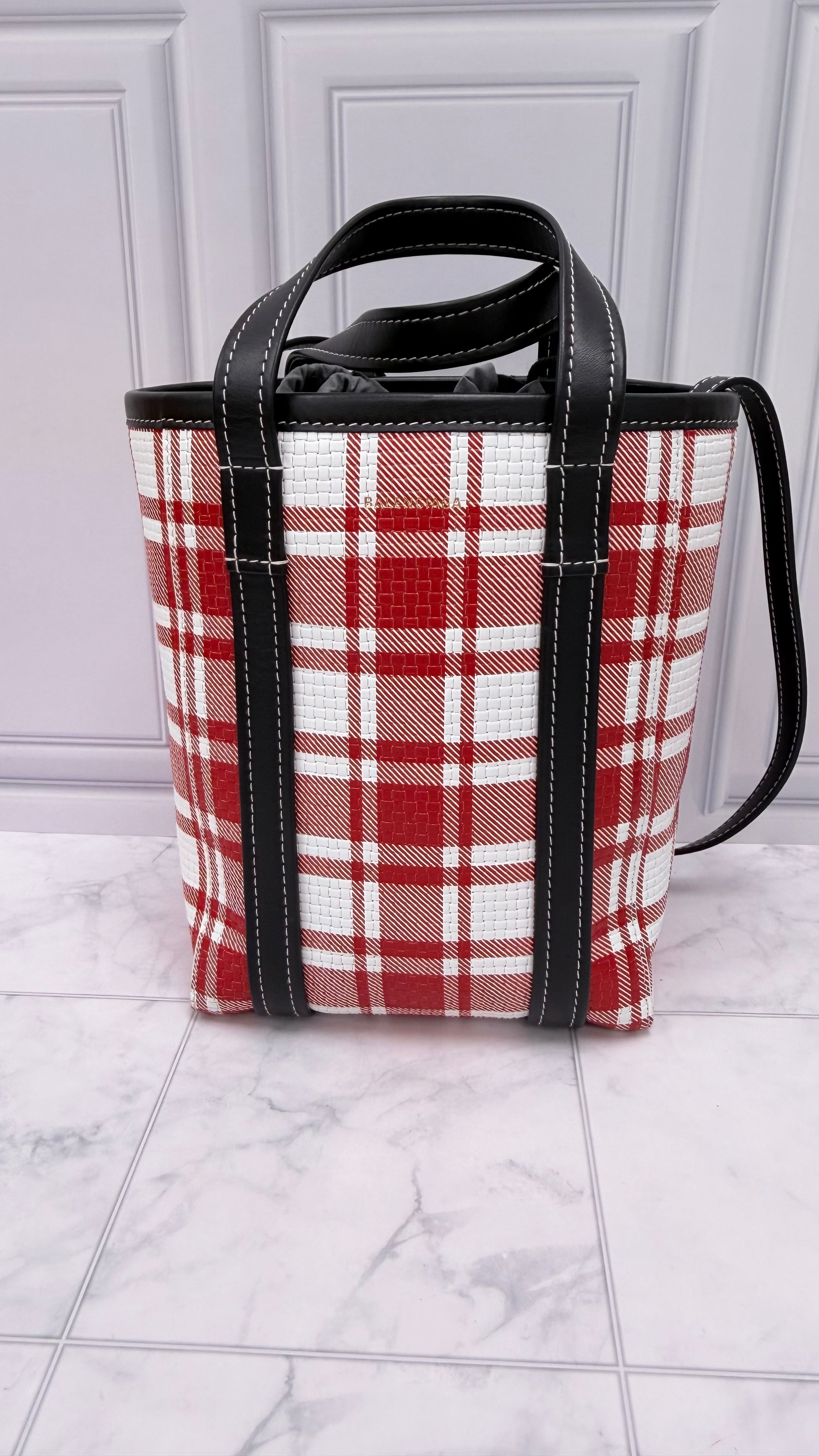 LIKE NEW- Balenciaga Red & White Plaid Leather Small Shopper Tote