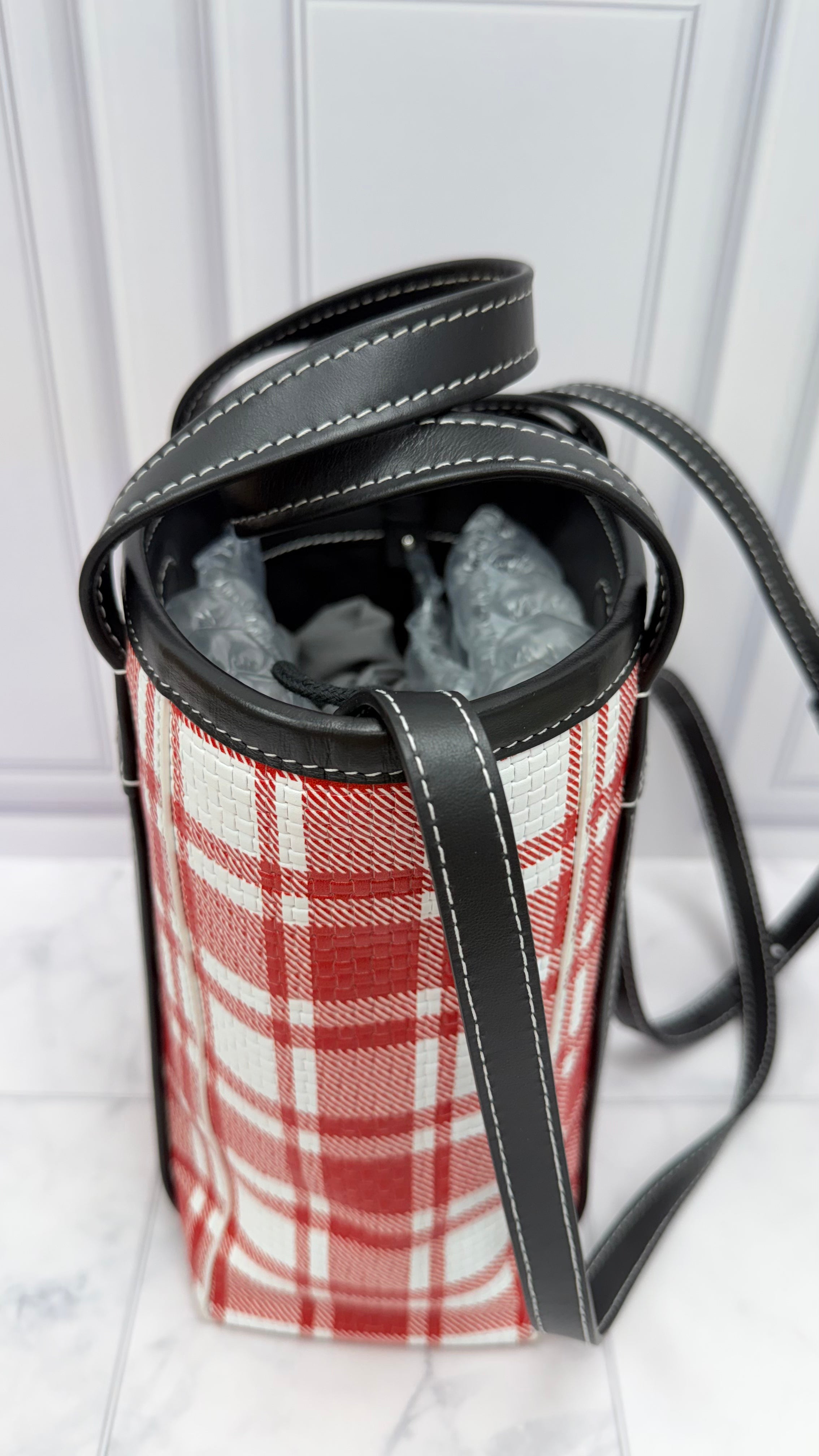 LIKE NEW- Balenciaga Red & White Plaid Leather Small Shopper Tote