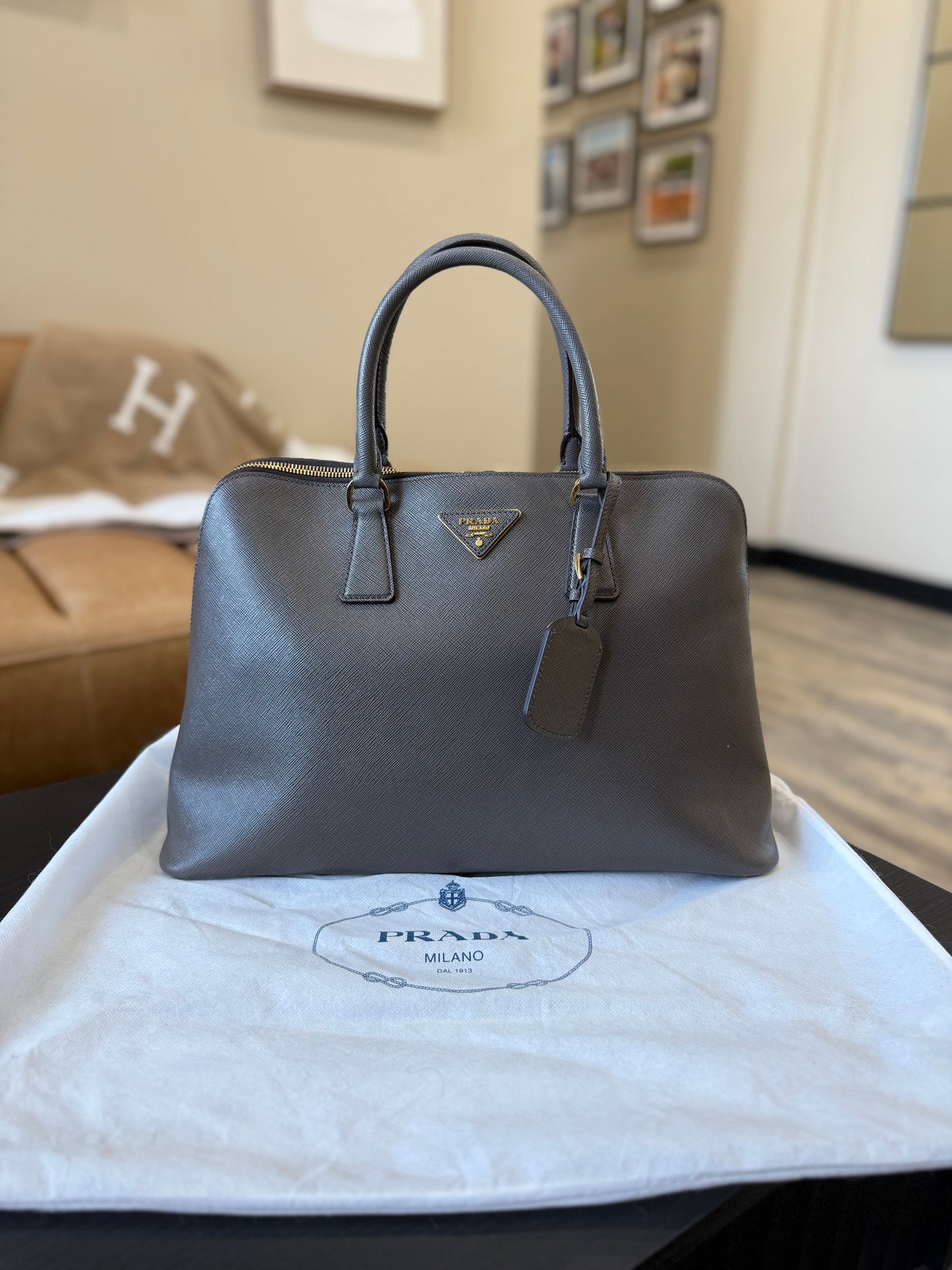 Prada Grey Saffiano Leather Top Handle Bag