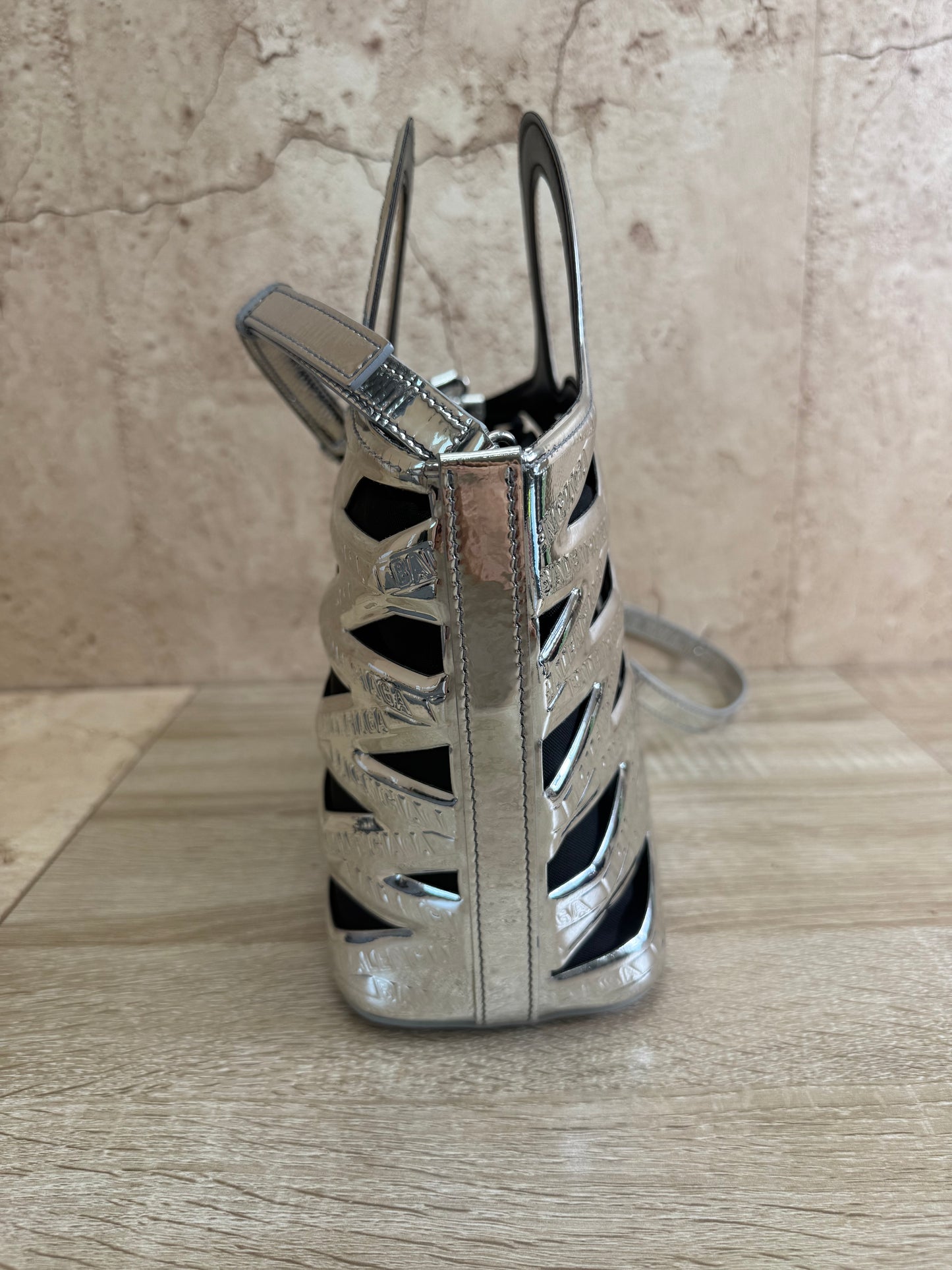 Balenciaga Metallic Silver Patent Leather Neo Basket Tote