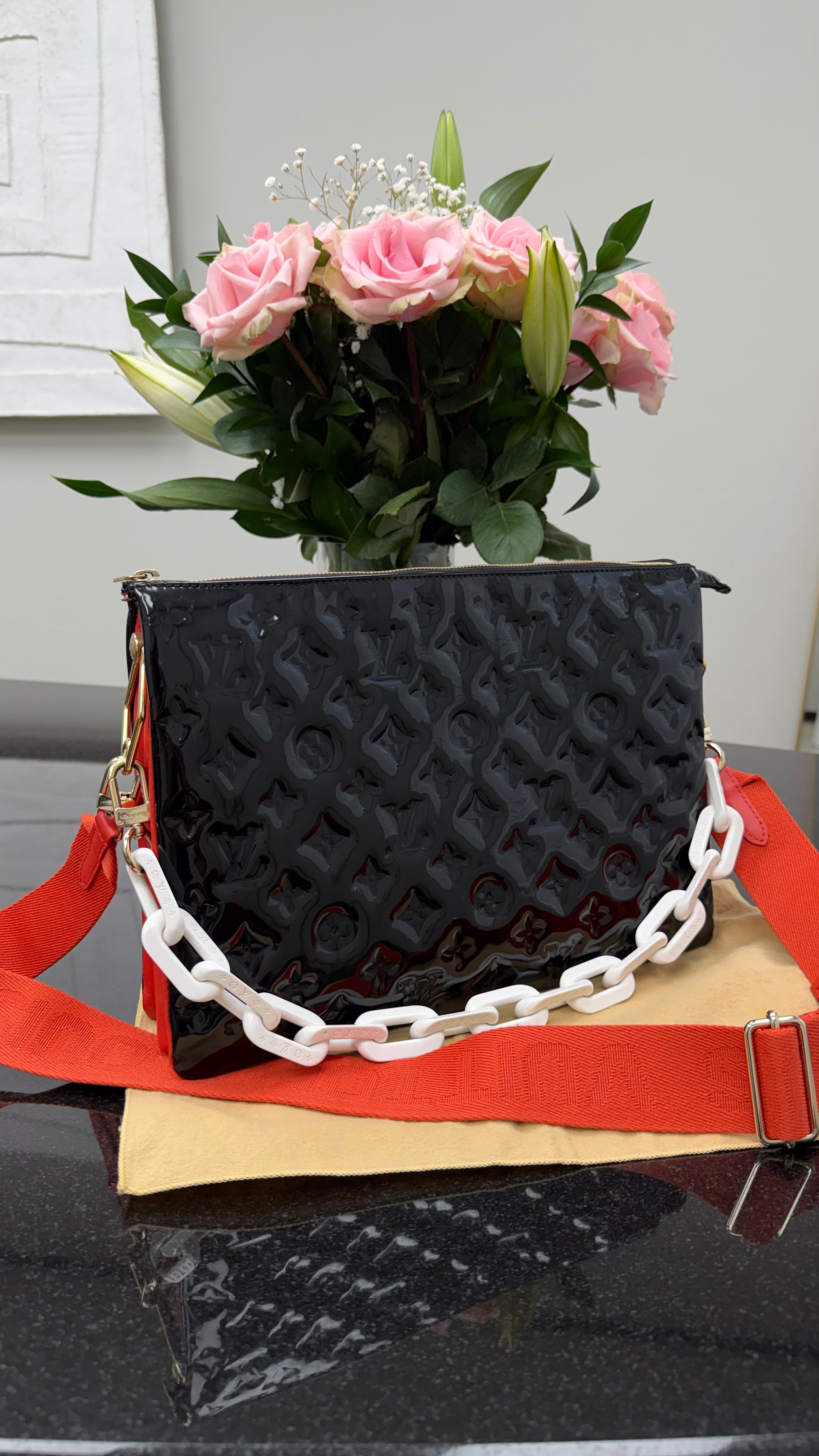 Louis Vuitton Black Patent Leather & Red Lambskin Coussin MM