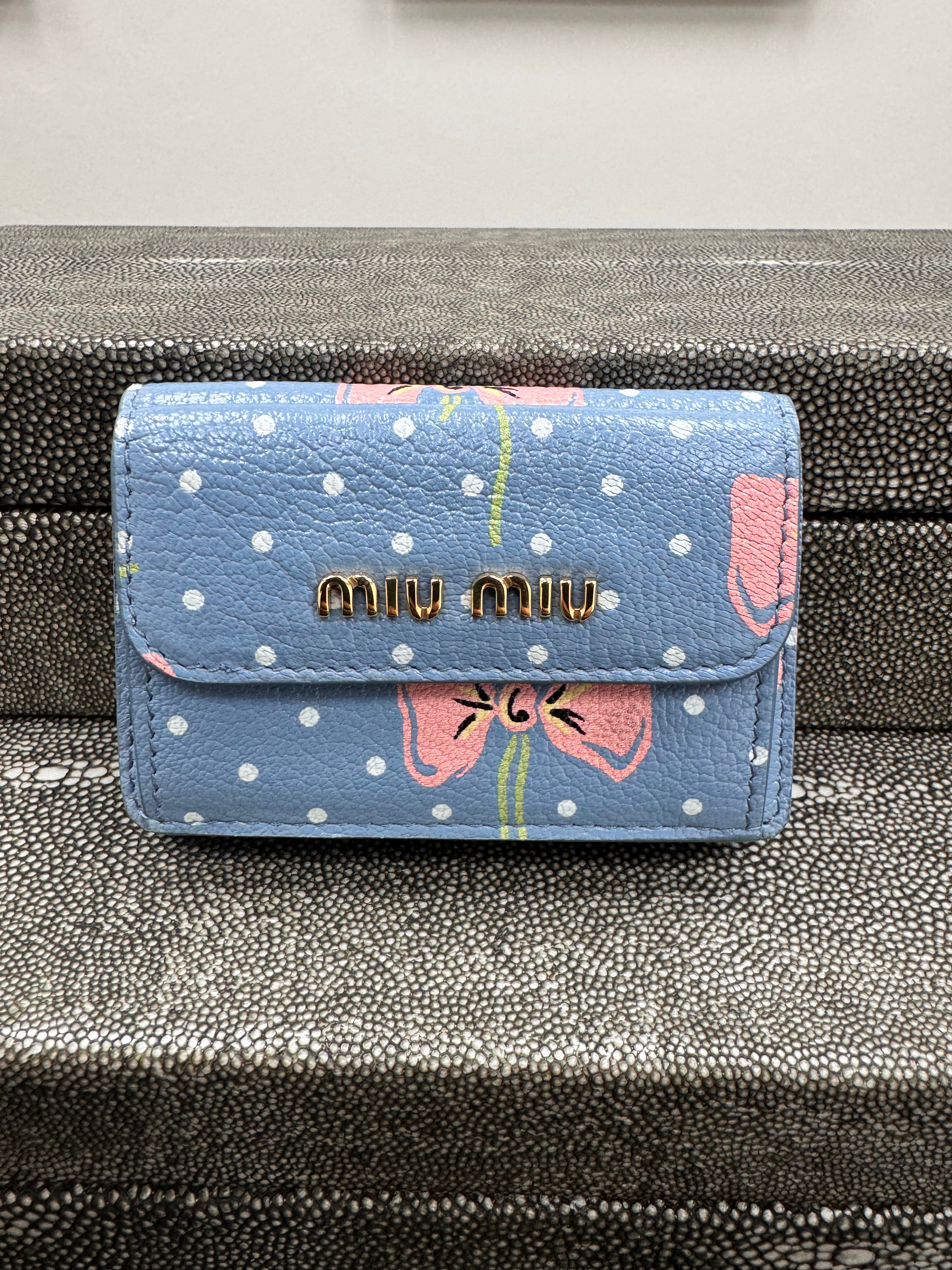 Miu Miu Blue Leather Polka Dot And Bow Compact Wallet