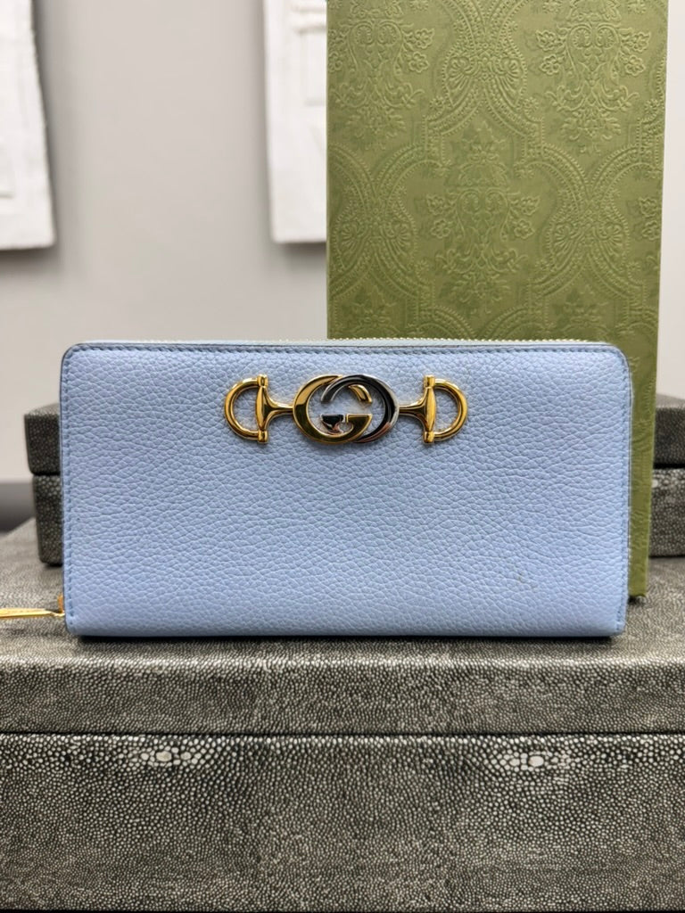Gucci Blue Grained Leather Zumi Long Zippy Wallet