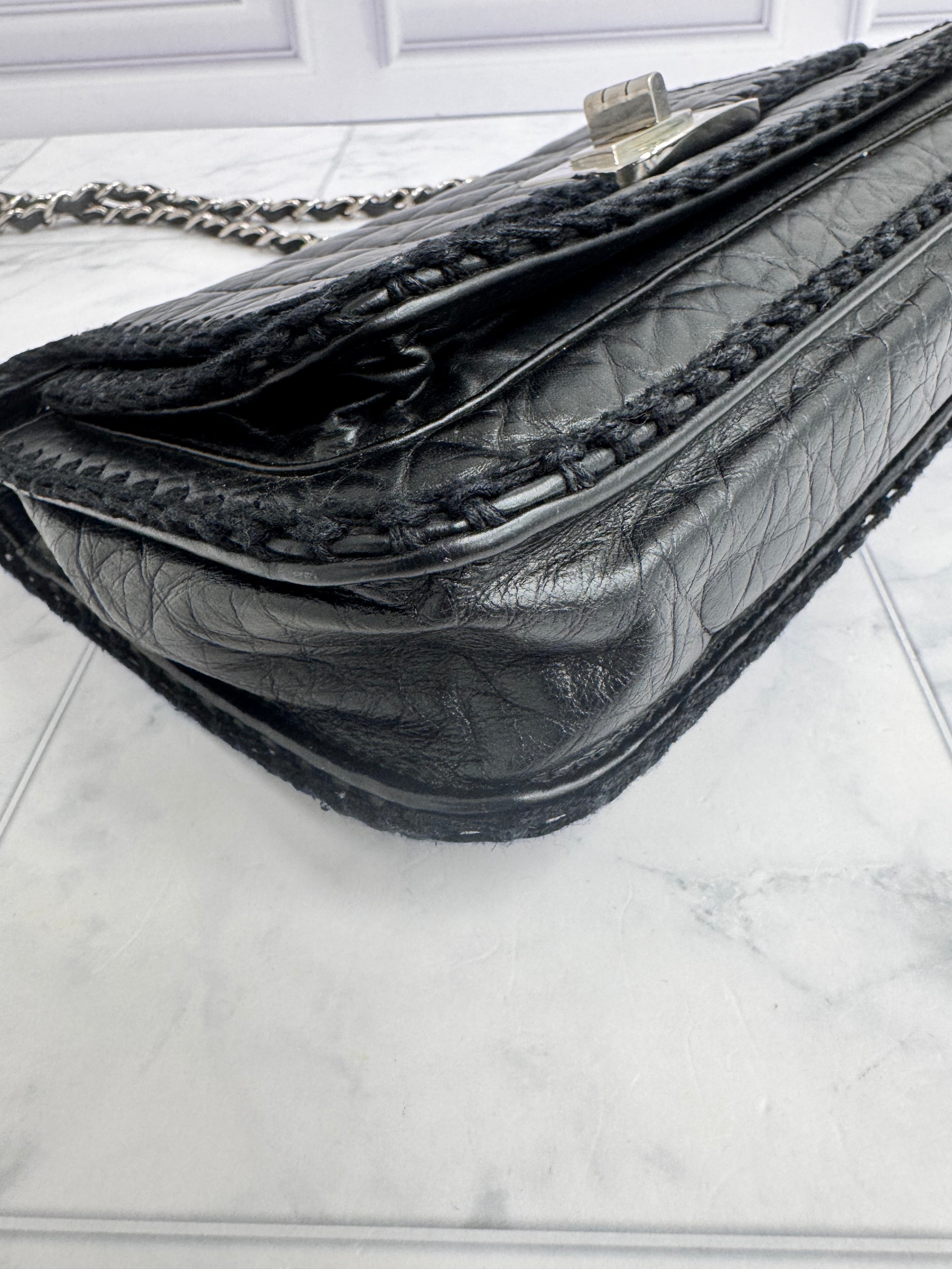 Chanel Black Quilted Leather Crochet Trim Chocolate Bar Reissue 2.55 Flap Bag