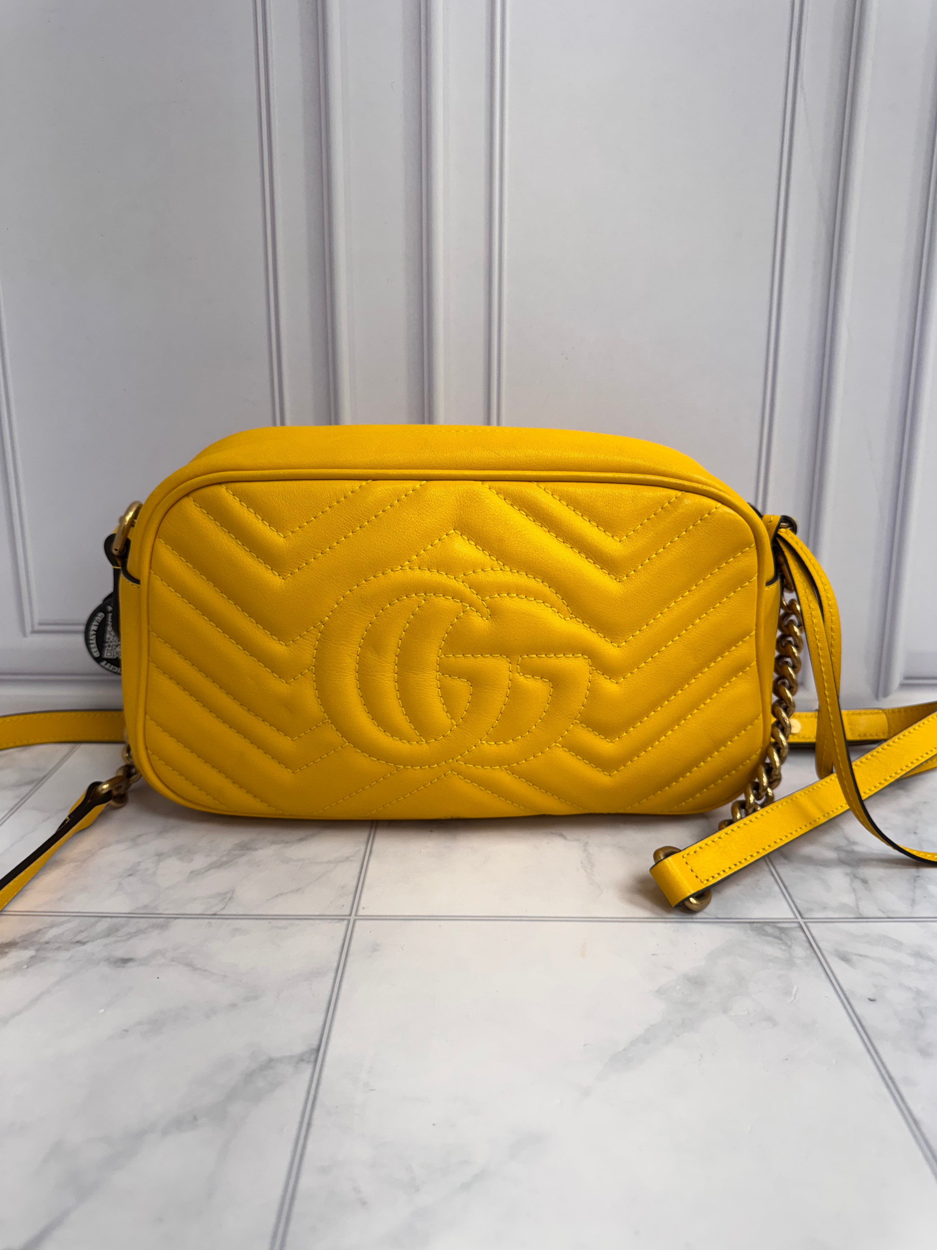 LIKE NEW - Gucci Yellow Chevron Quilted Leather GG Marmont Small Camera Crossbody Bag