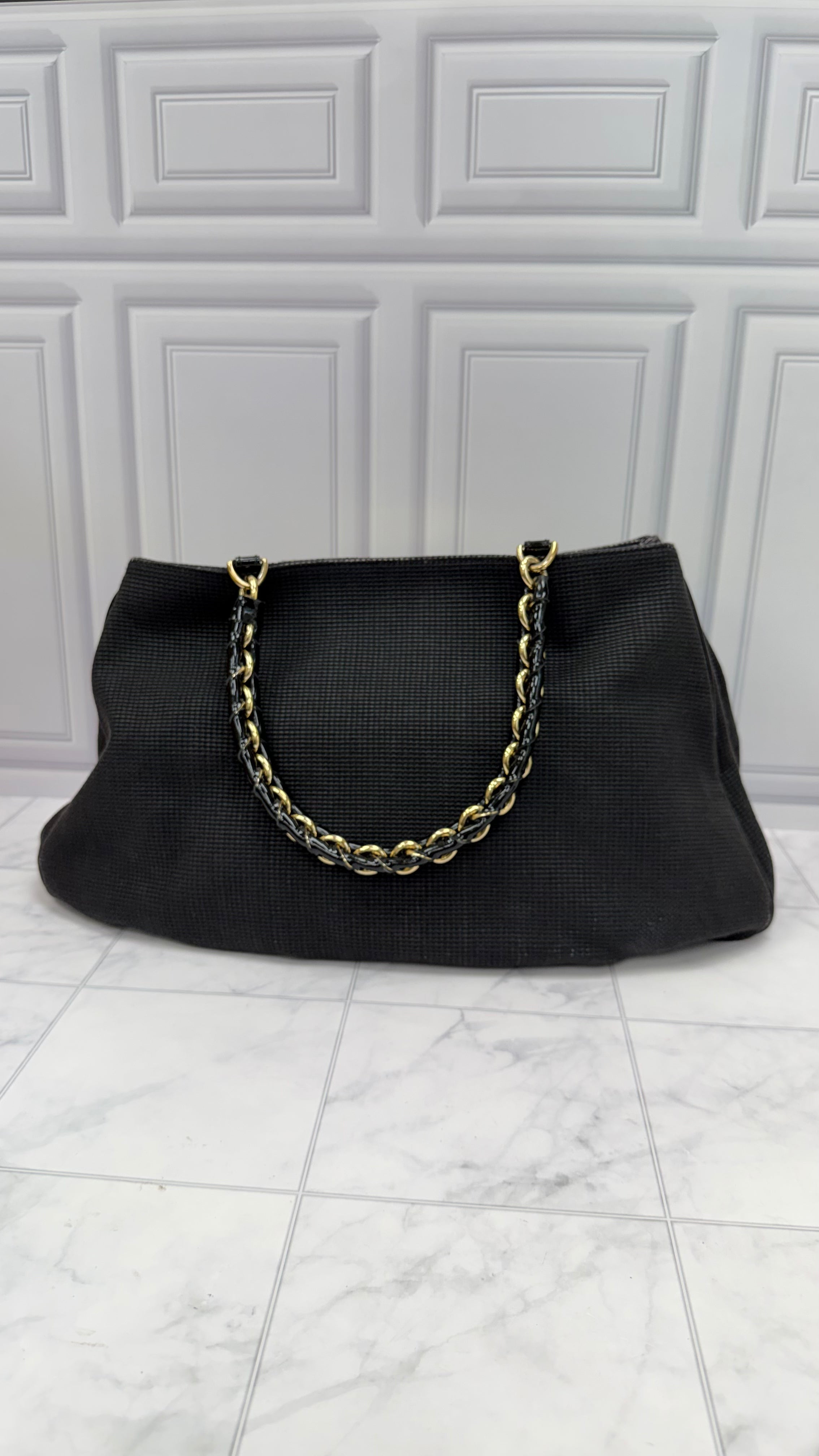 Fendi Black Textured Canvas Mia Chain Shoulder Bag