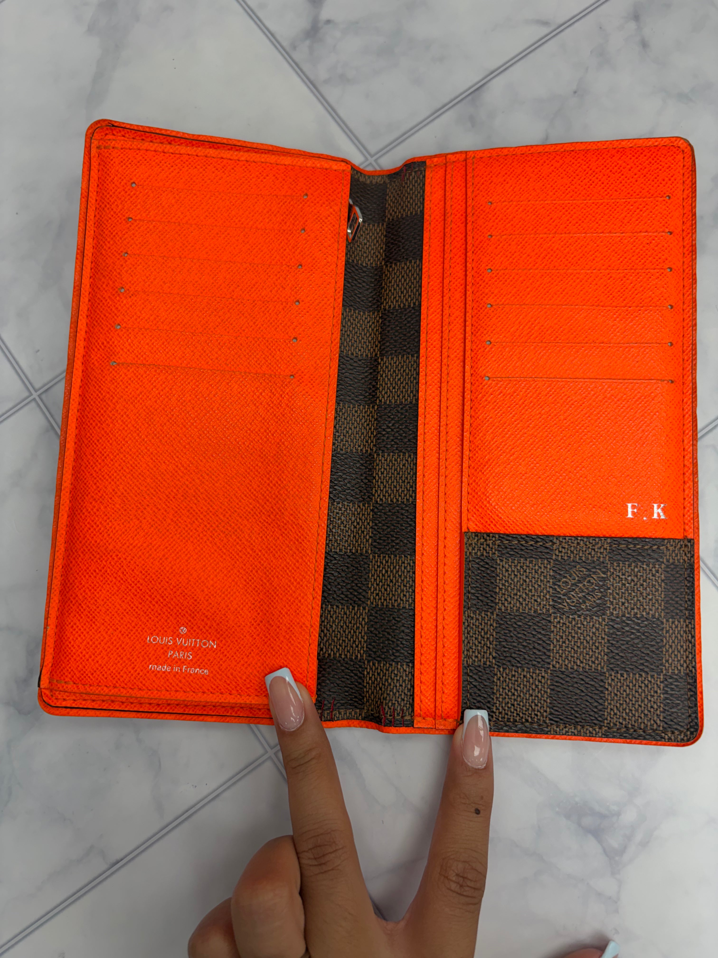 Louis Vuitton Damier Ebene & Neon Orange Brazza Wallet