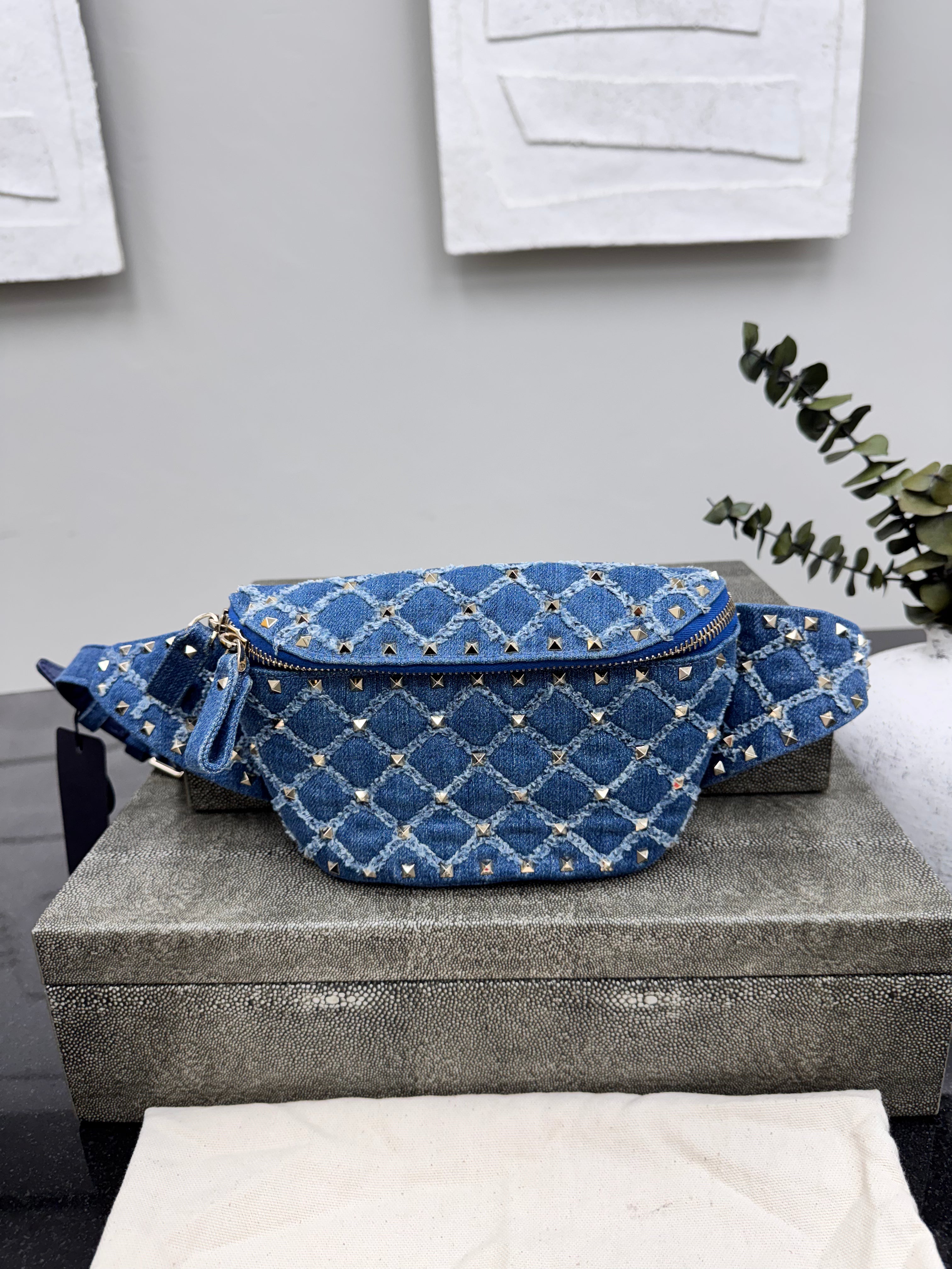 Valentino Blue Denim Studded Belt Bag
