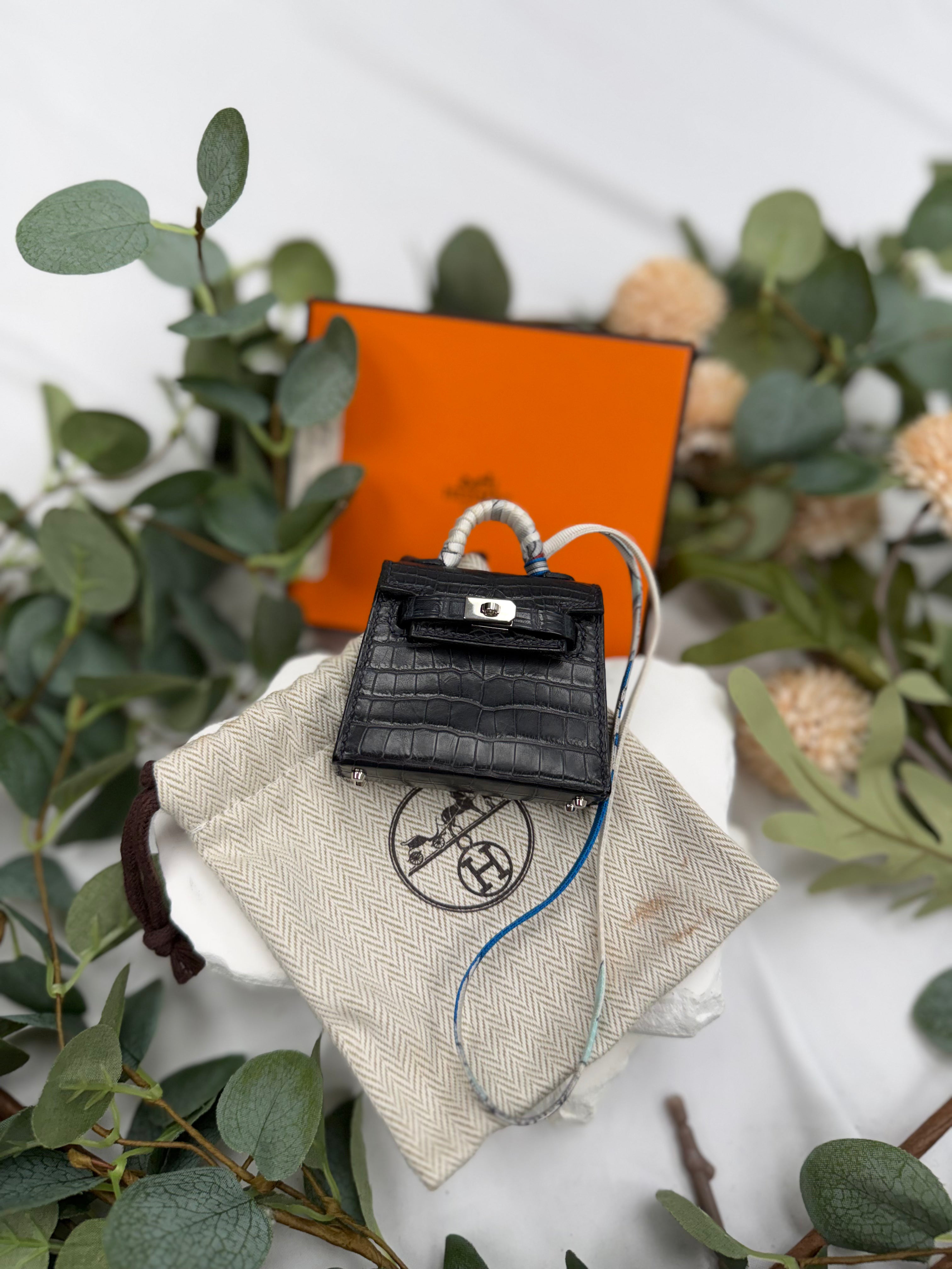 Hermes Black Matte Alligator Mini Kelly Twilly Bag Charm