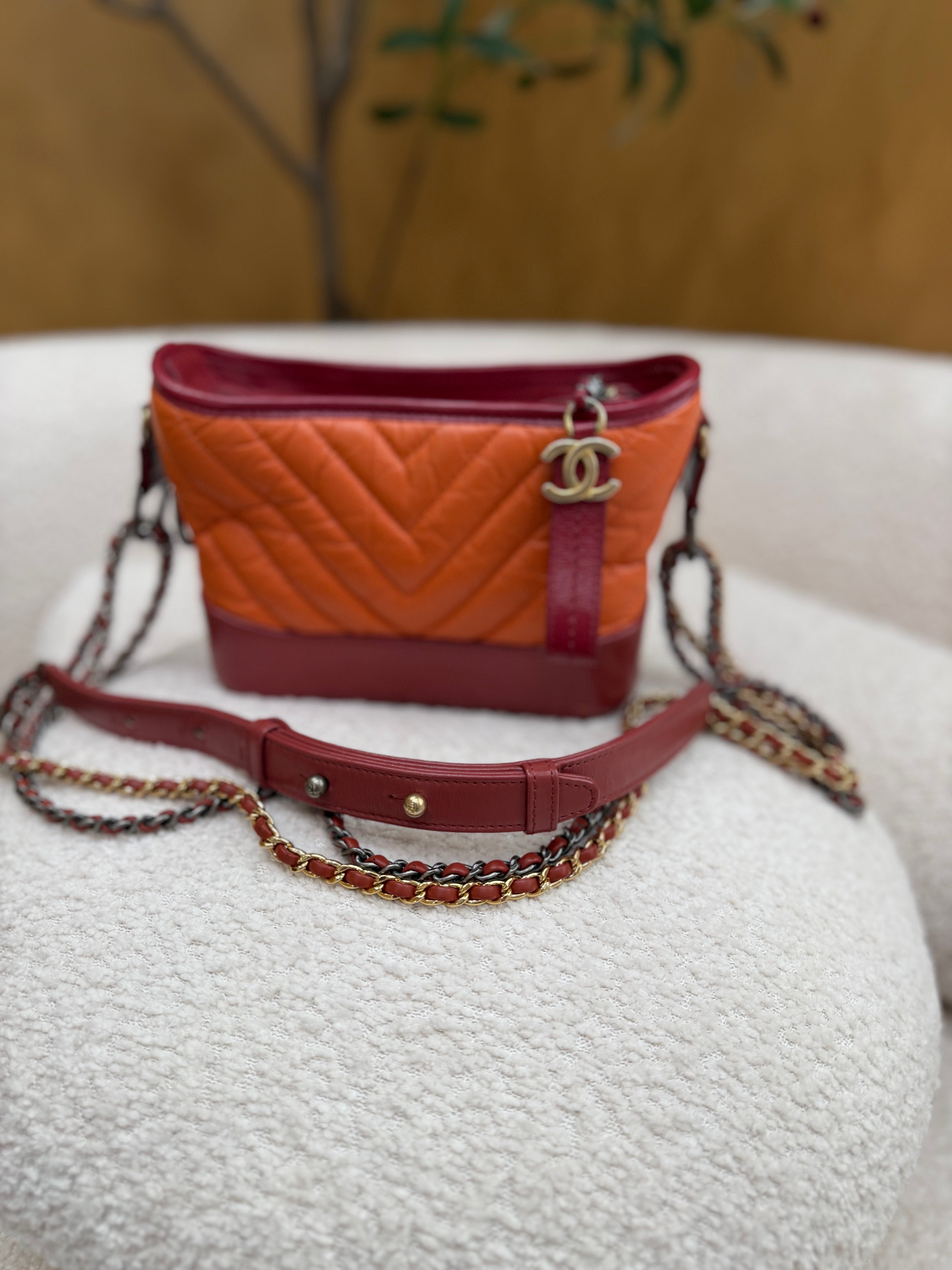 Chanel Orange Bicolor Aged Quilted Calfskin Small Gabrielle Hobo Bag