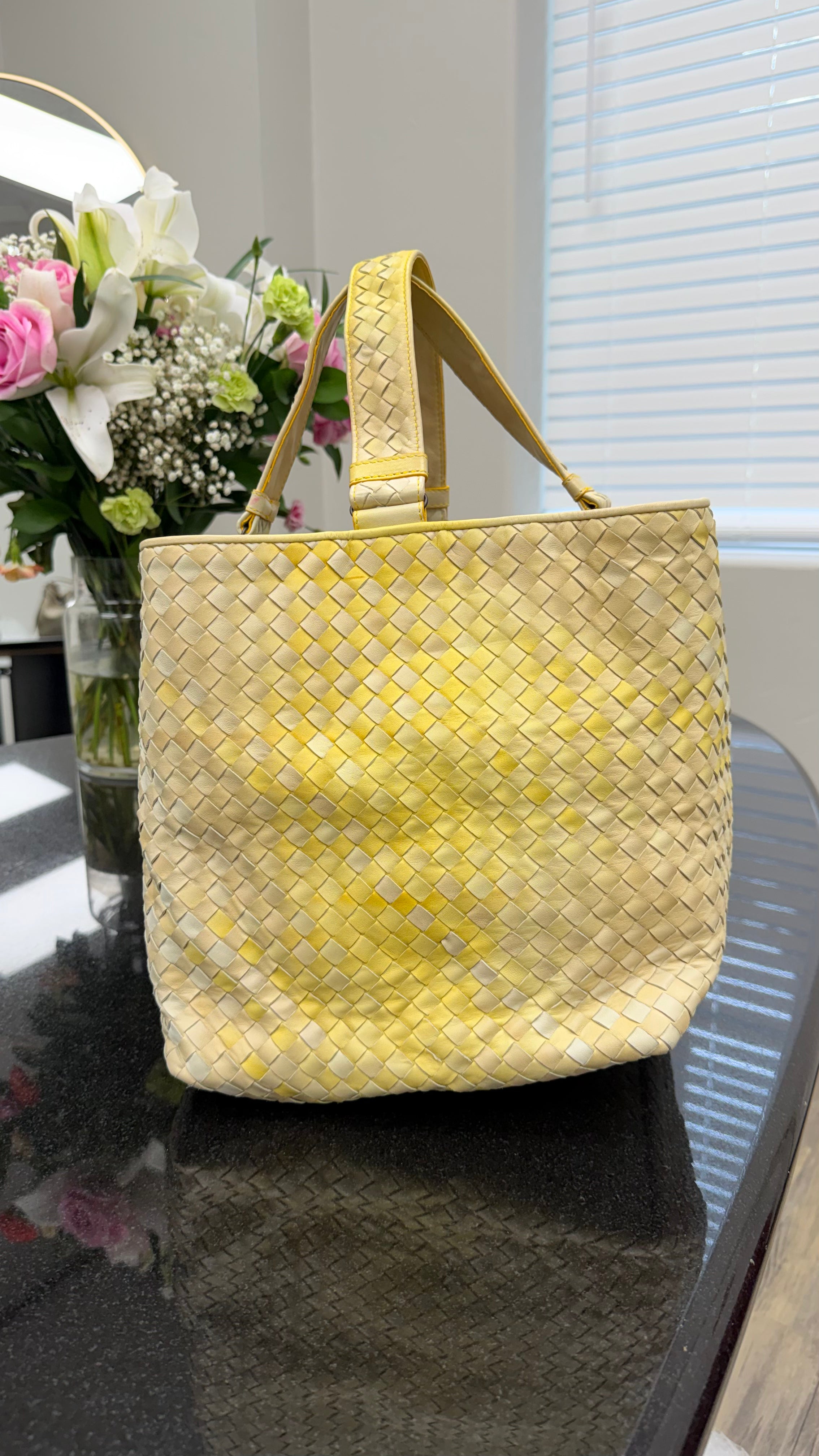 Bottega Veneta Yellow & Beige Intrecciato Leather Nuance Cross Tote