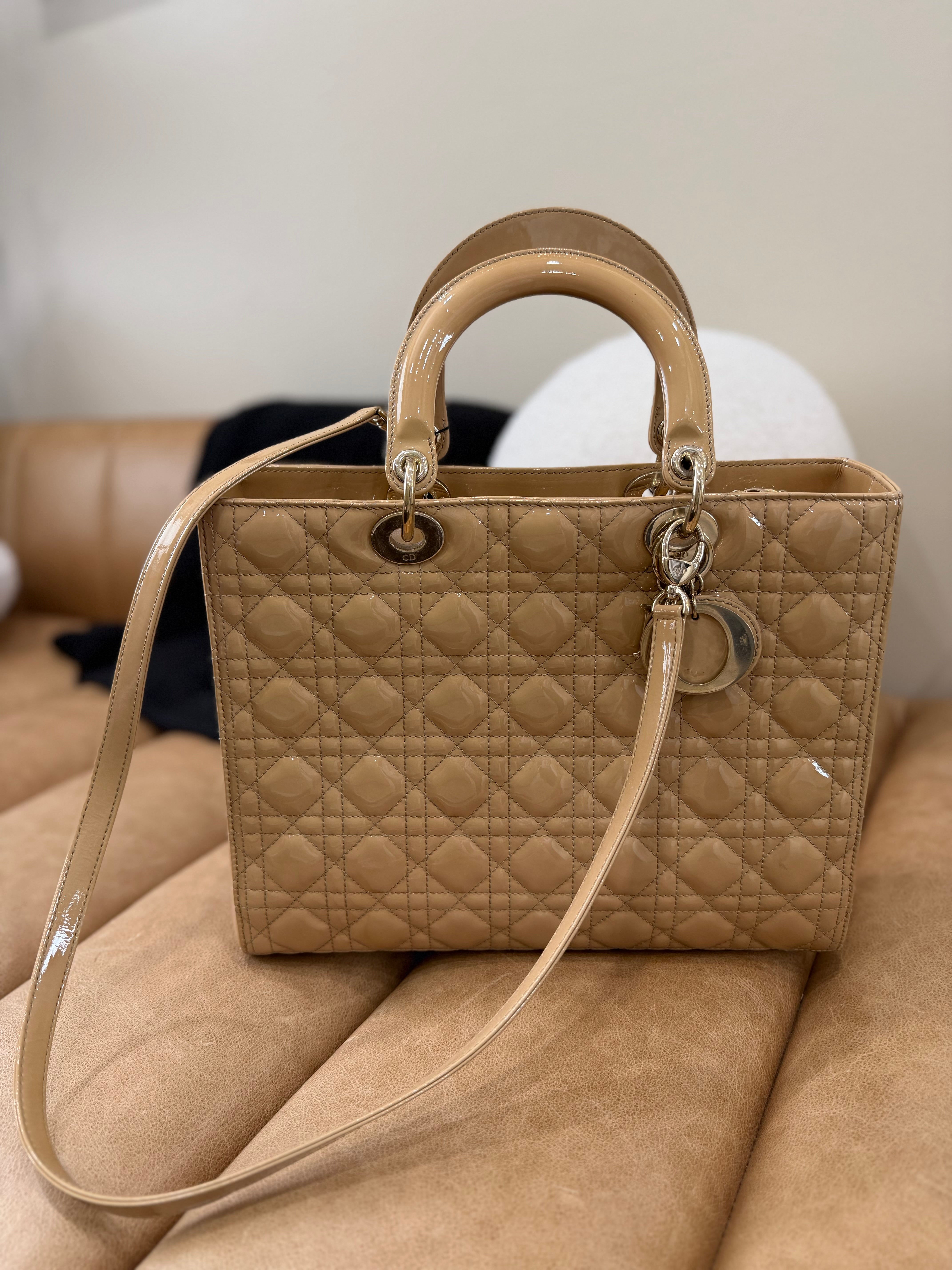 Christian Dior Beige Patent Leather Large Lady Dior