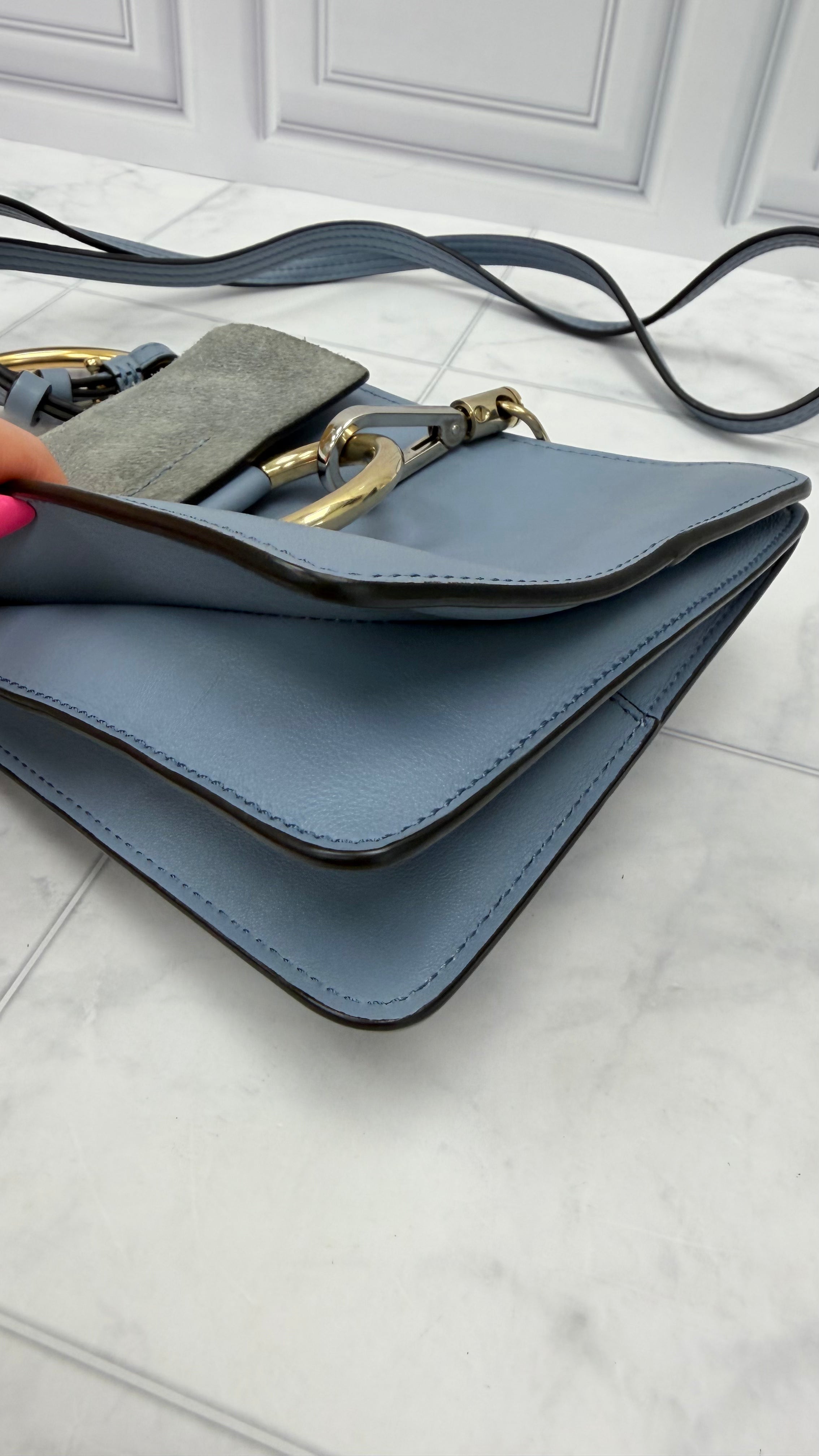 Chloe Dusty Blue Leather & Suede Mini Faye Crossbody