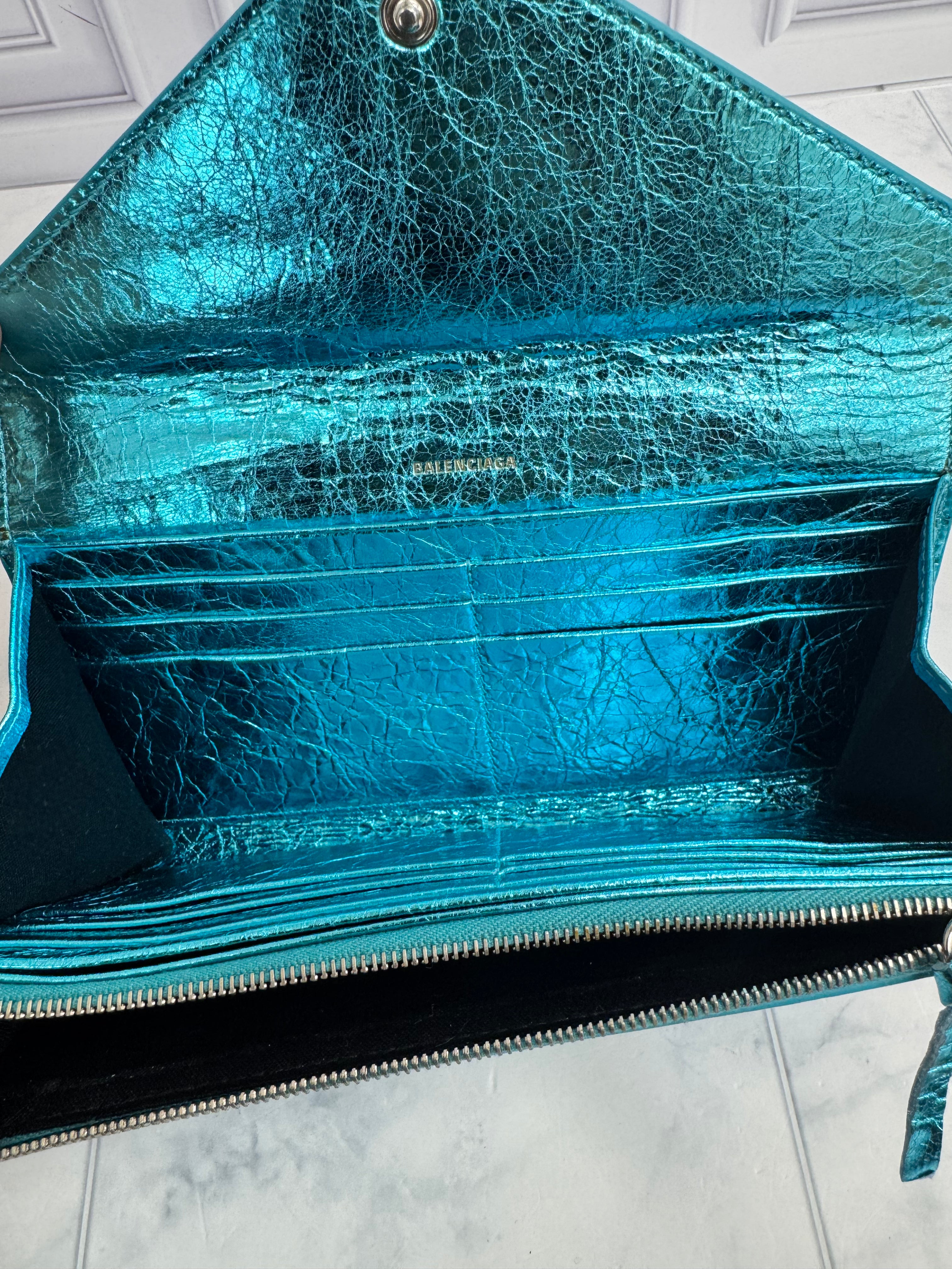 Balenciaga Metallic Turquoise Grained Leather Papier Long Wallet