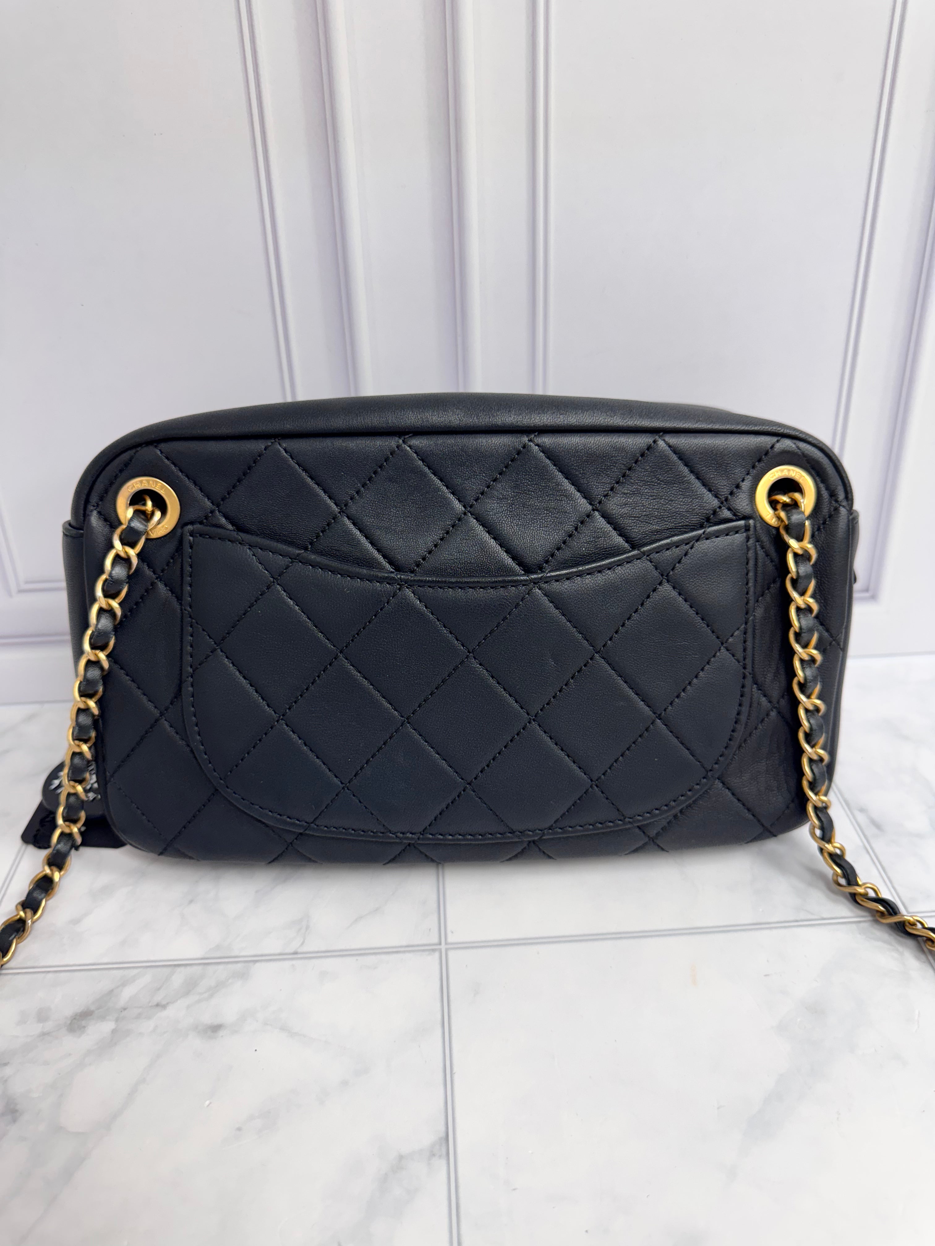 Chanel Black Diamond Quilted All About Chains Camera Bag