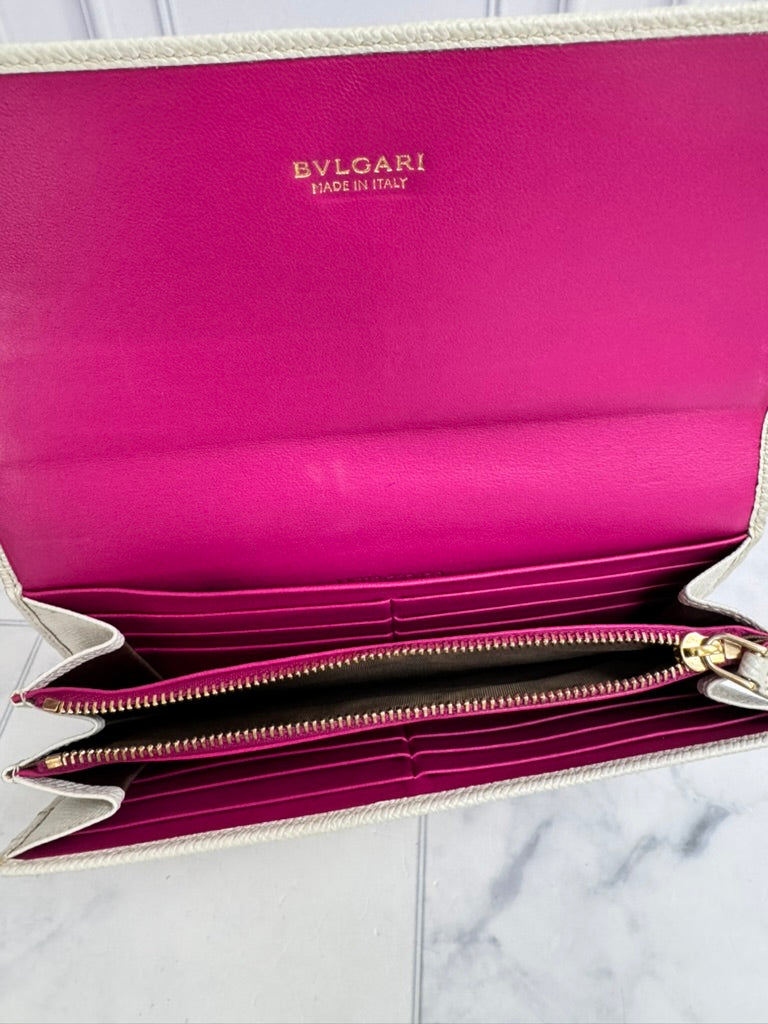 Bvlgari White Grained Leather Long Wallet