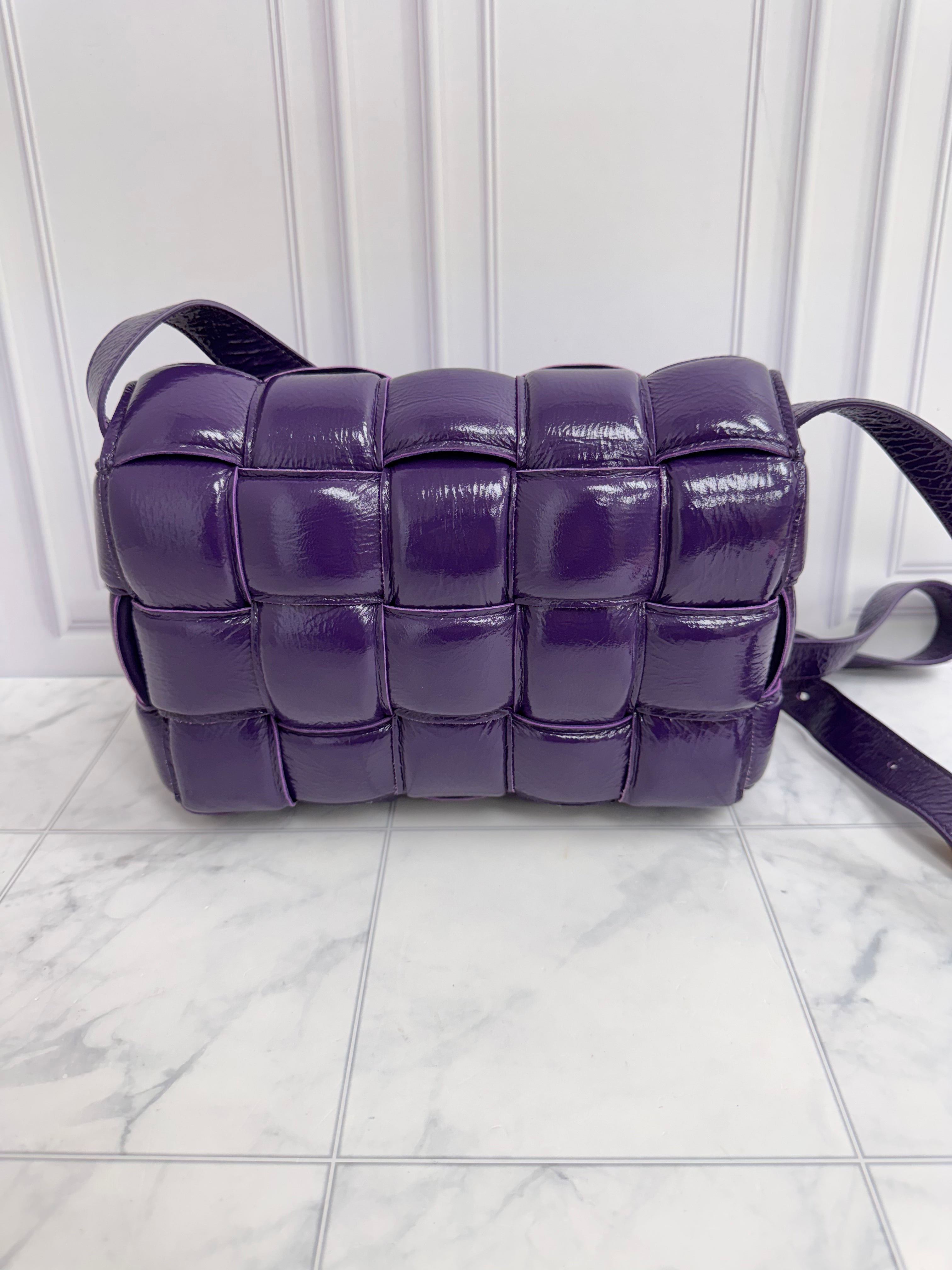 LIKE NEW - Bottega Veneta Purple Maxi Intrecciato Patent Leather Cassette Crossbody Bag